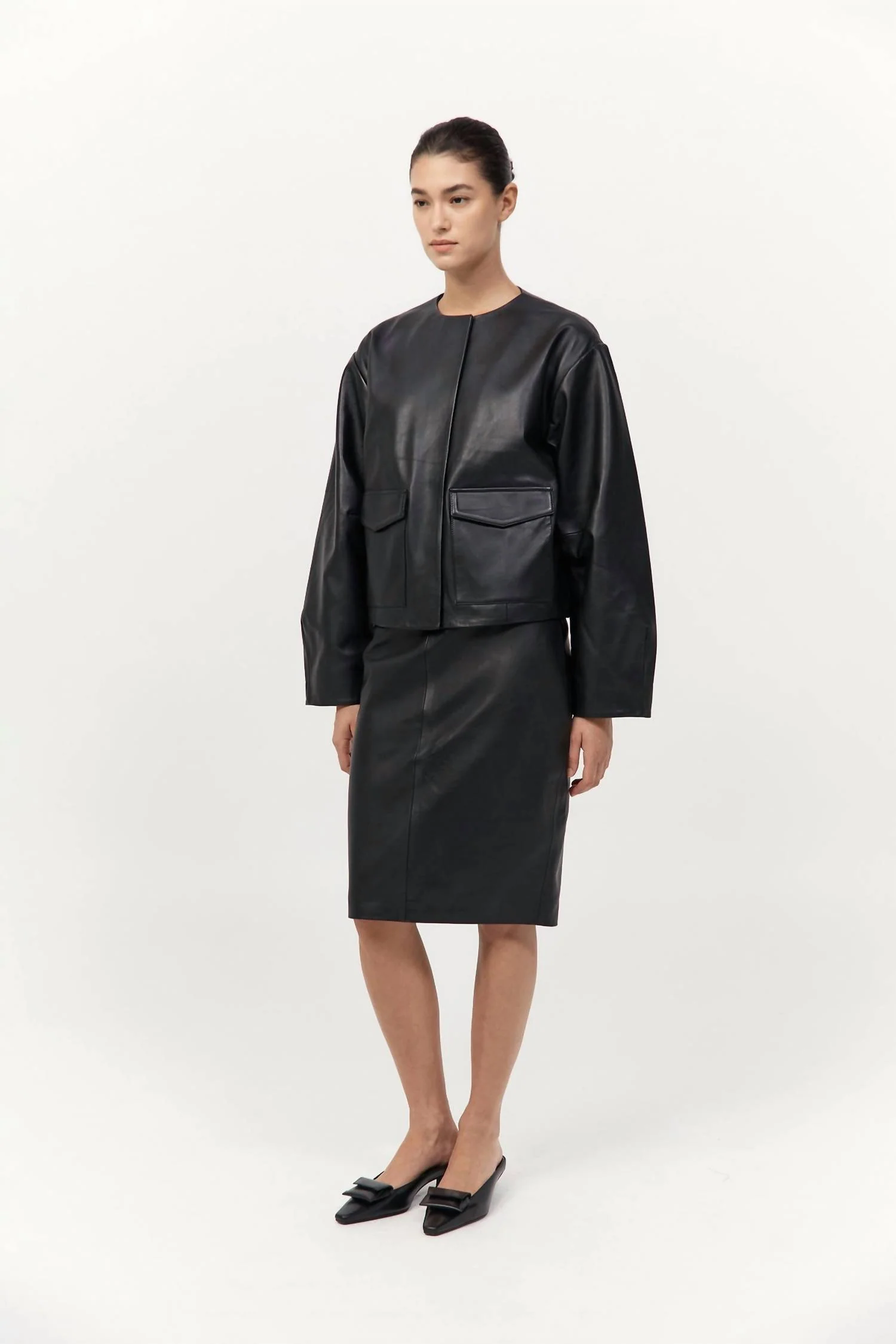 Utility Cocoon Leather Bomber Jacket In Black - Image 2