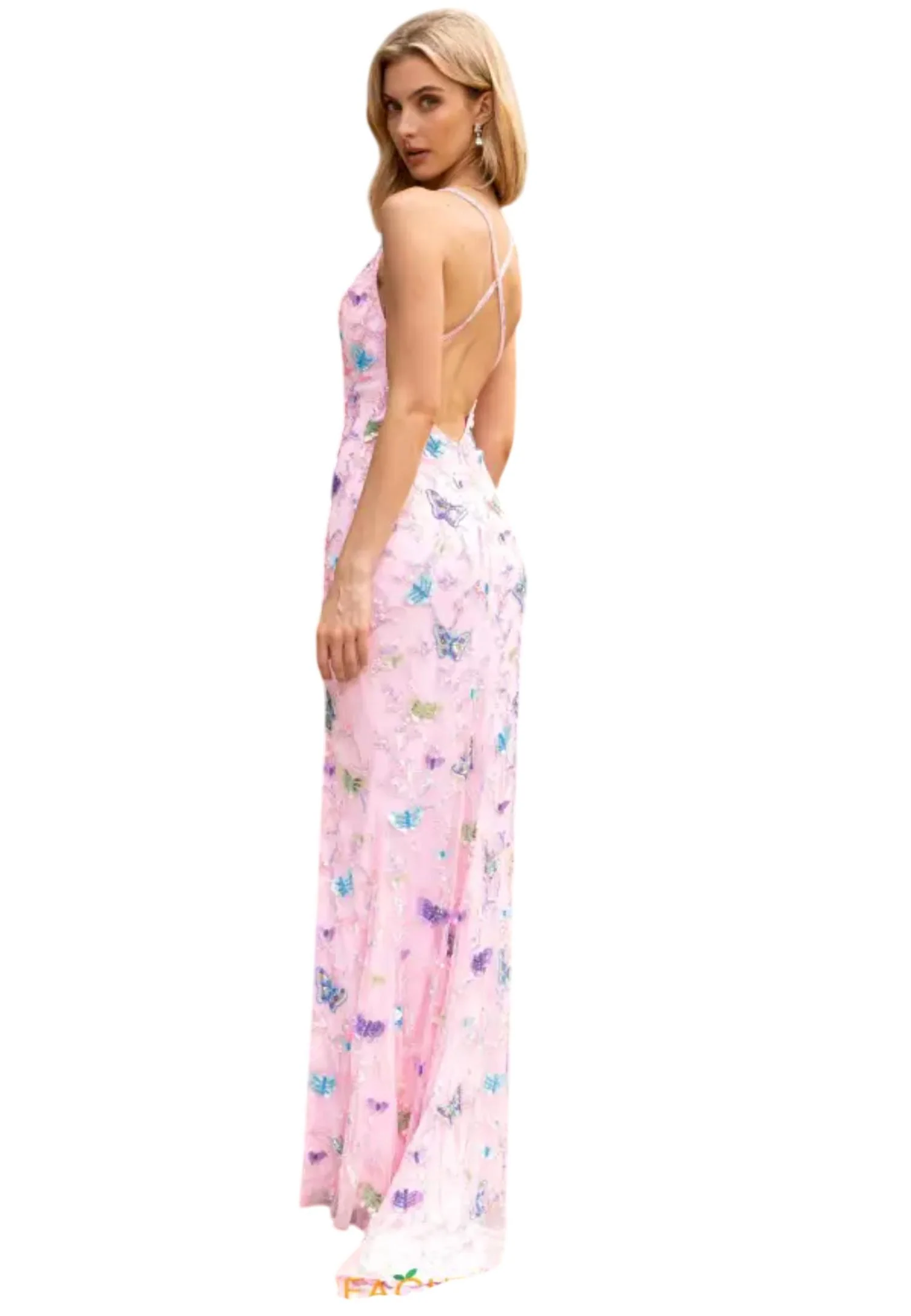 V-Neck Beaded Butterfly Prom Gown In Pink - Image 3