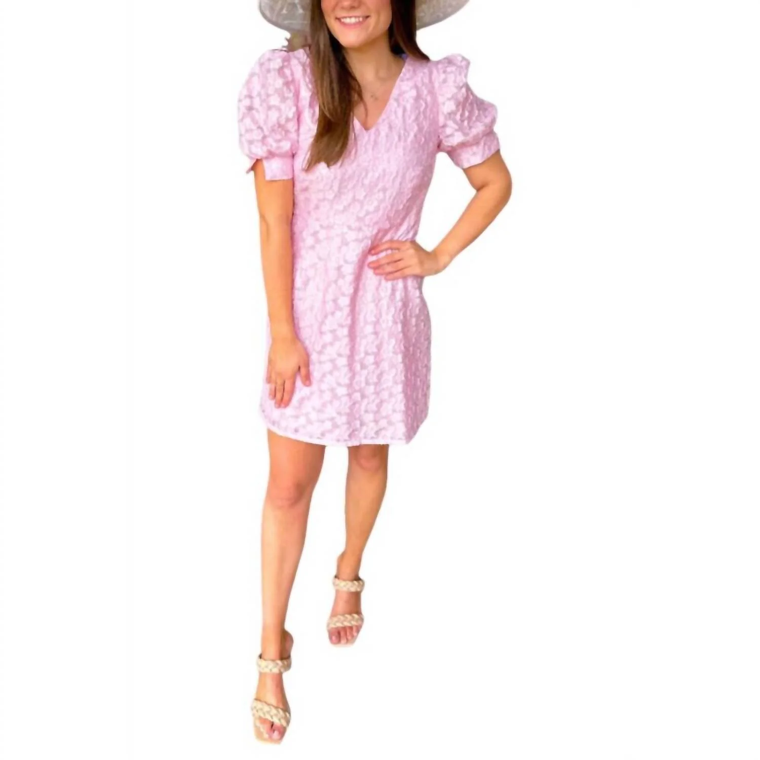 V-Neck Gathered Sleeve Mini Dress In Bright Pink - Image 2