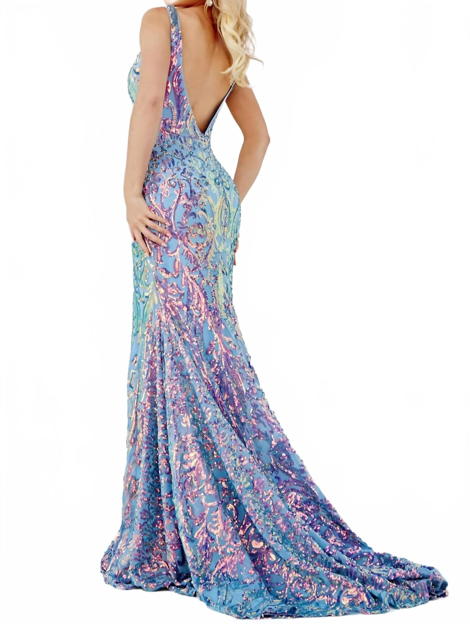 V-Neck Mermaid Prom Dress In Iridescent Blue - Image 2