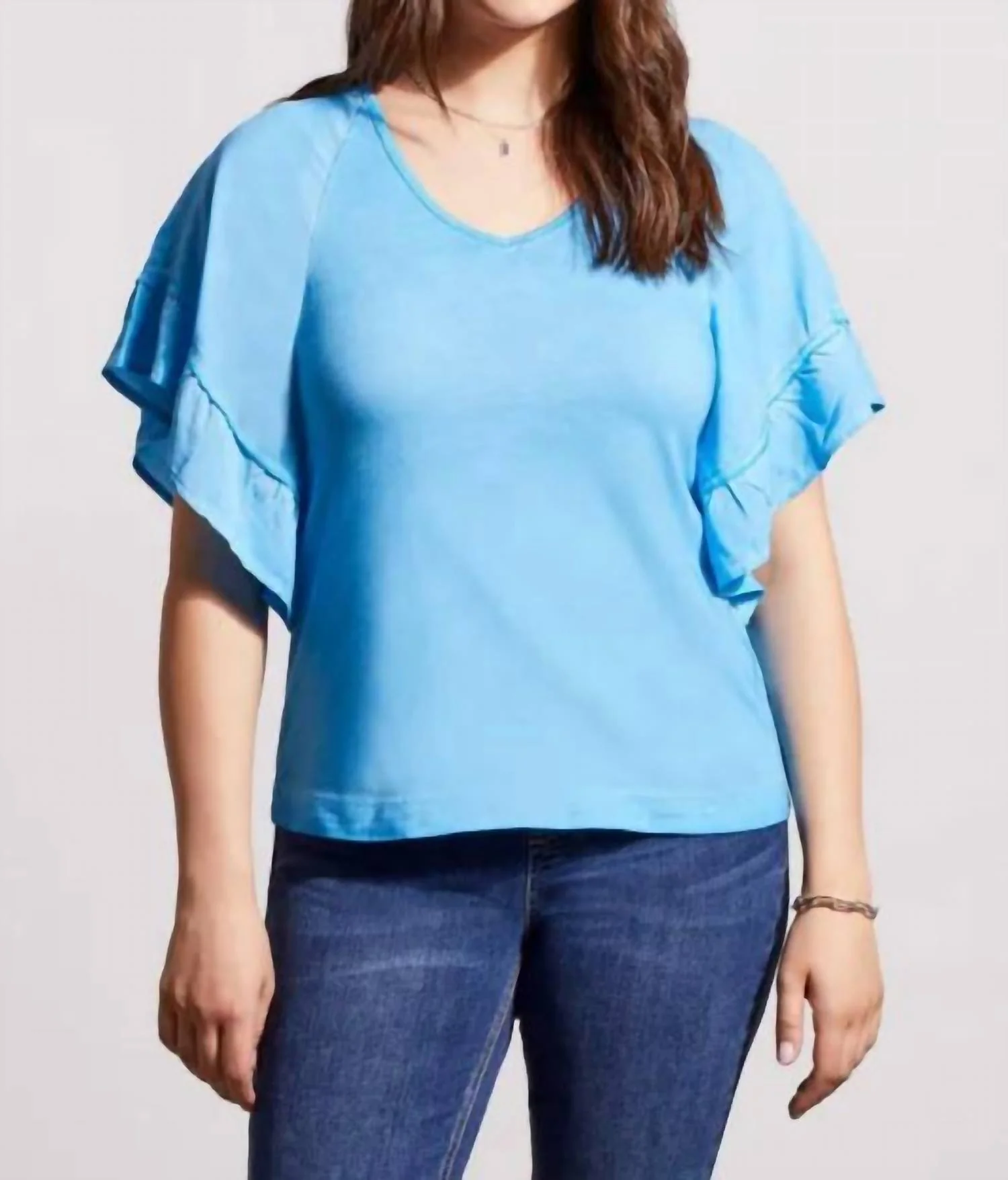 V-Neck Raglan Combo Sleeve Top In Azure