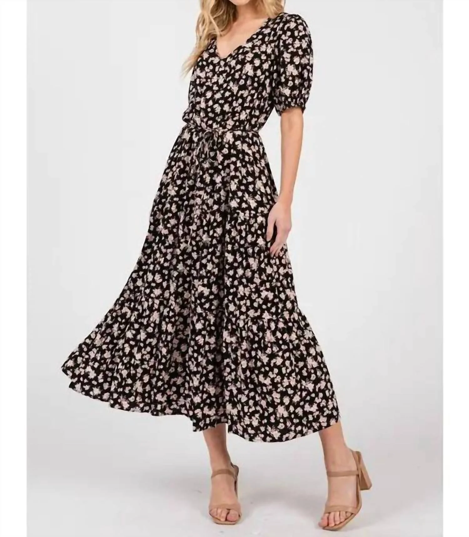 V-Neck Waist Tie Maxi Dress In Black/ Ivory Pattern - Image 2