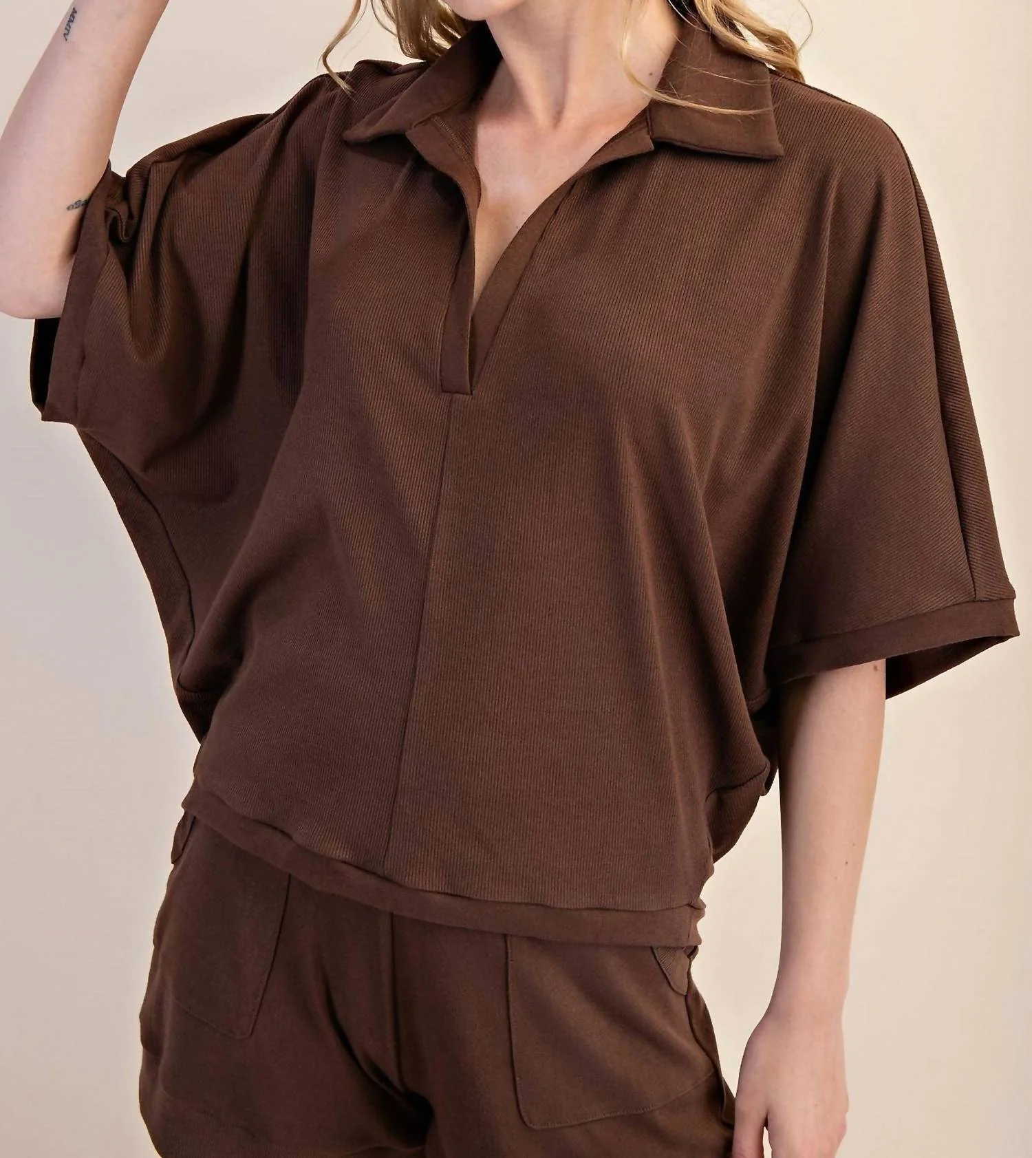V-Neckline Dropped Shoulder Knit Top In Mocha