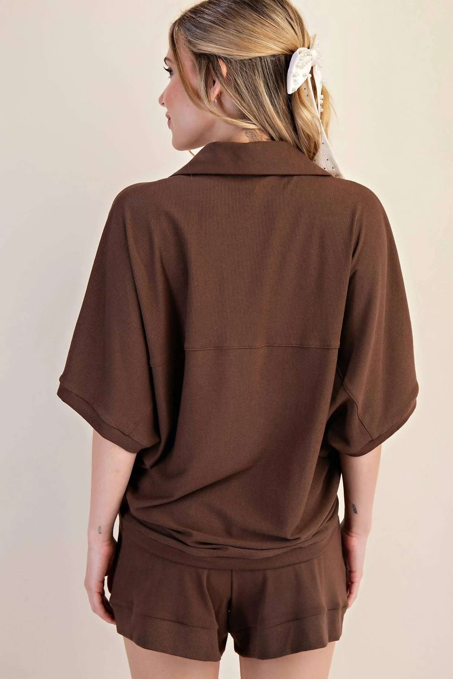 V-Neckline Dropped Shoulder Knit Top In Mocha - Image 2