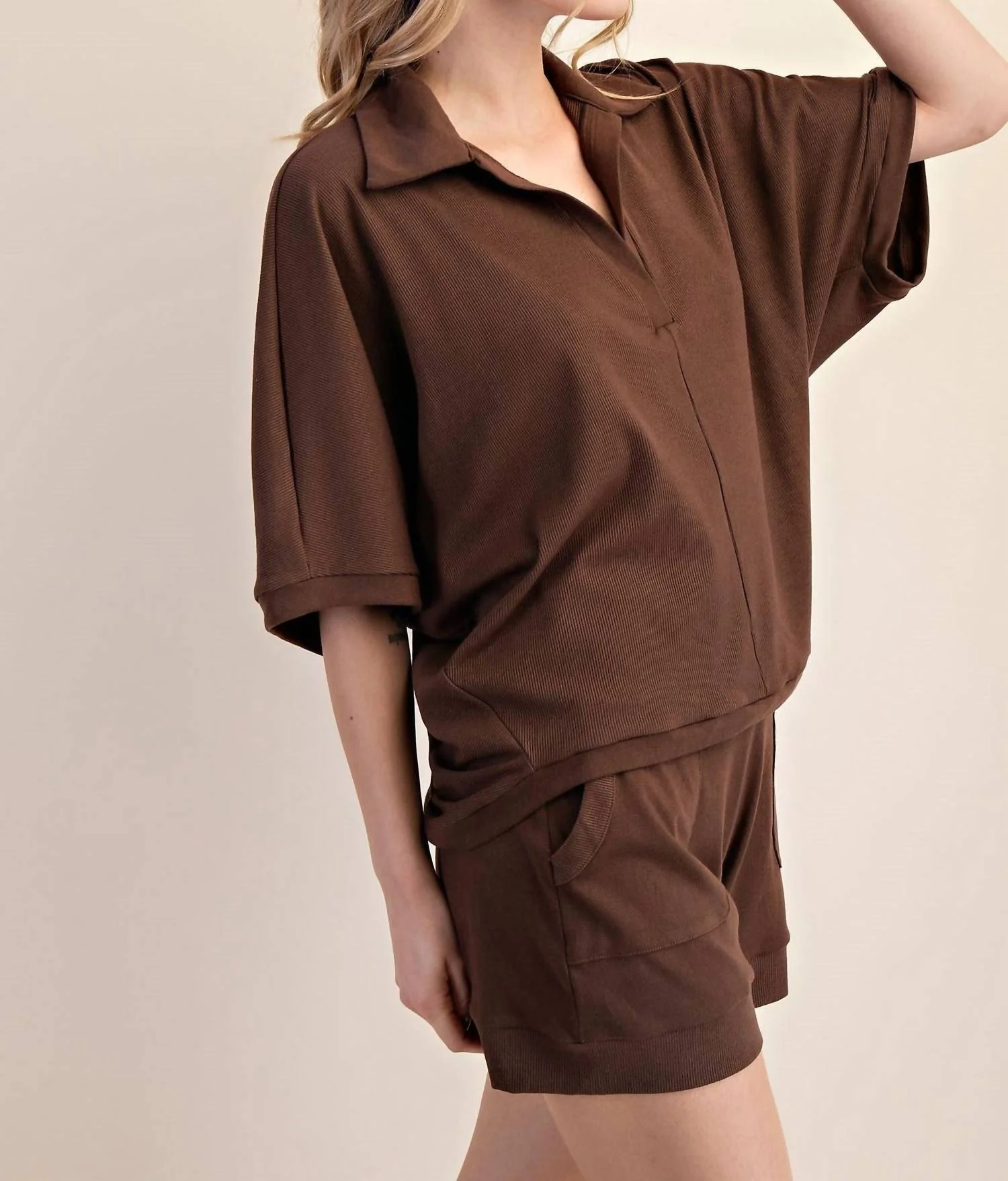 V-Neckline Dropped Shoulder Knit Top In Mocha - Image 3