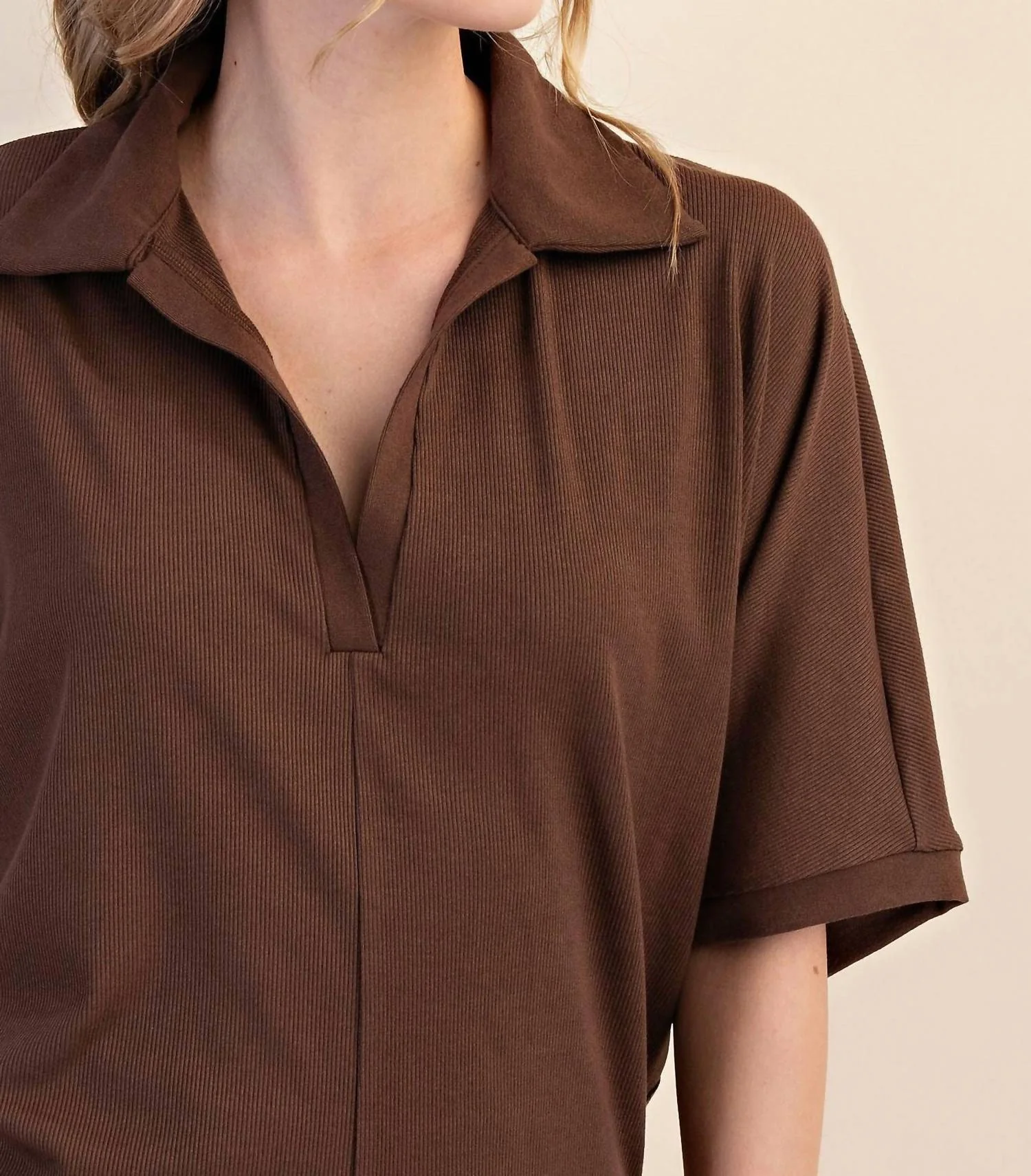 V-Neckline Dropped Shoulder Knit Top In Mocha - Image 4