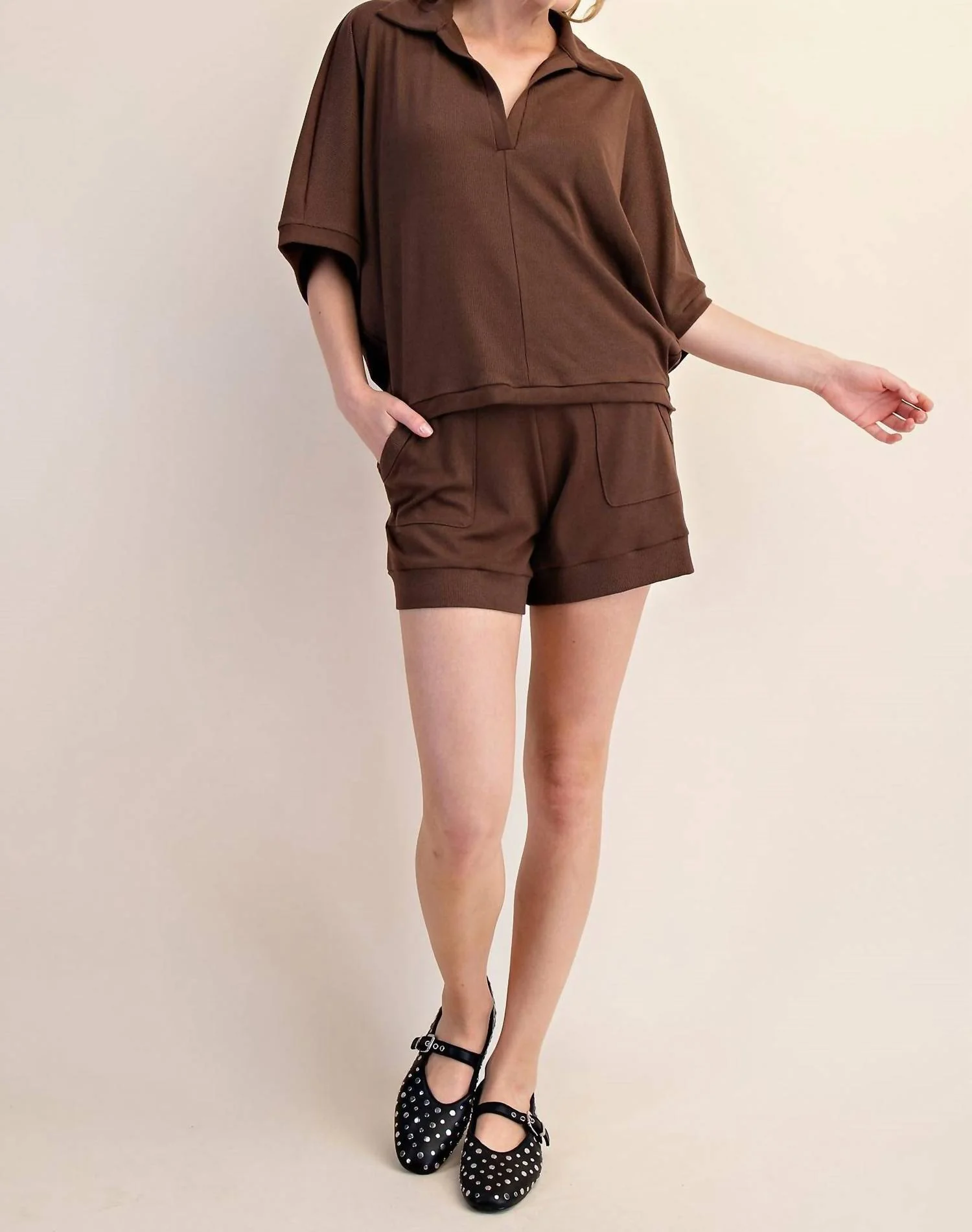 V-Neckline Dropped Shoulder Knit Top In Mocha - Image 5