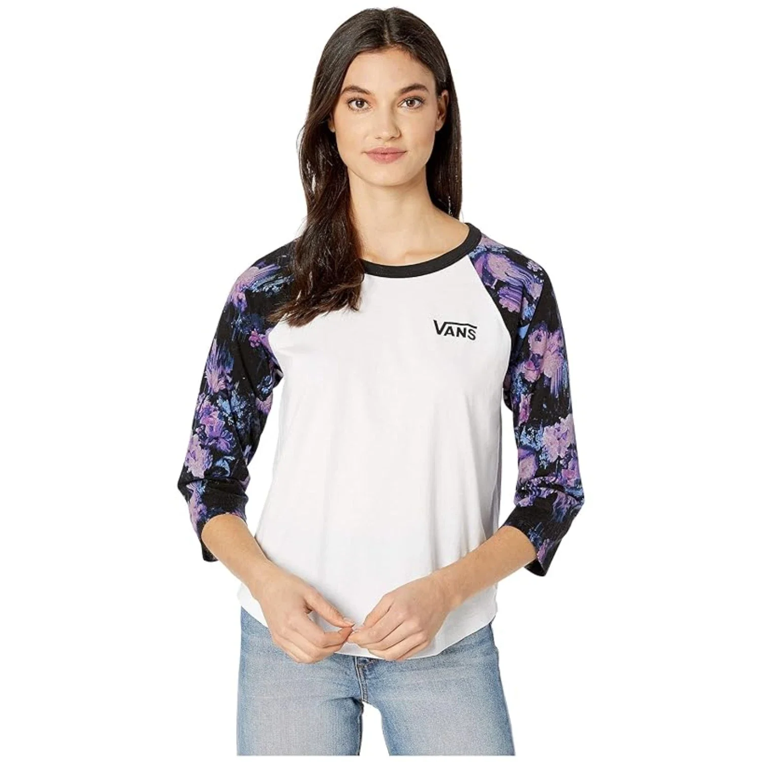 Vans T-Shirt Women's White Drip Floral 3/4 Raglan Sleeve Pullover DDR2354 - Image 5