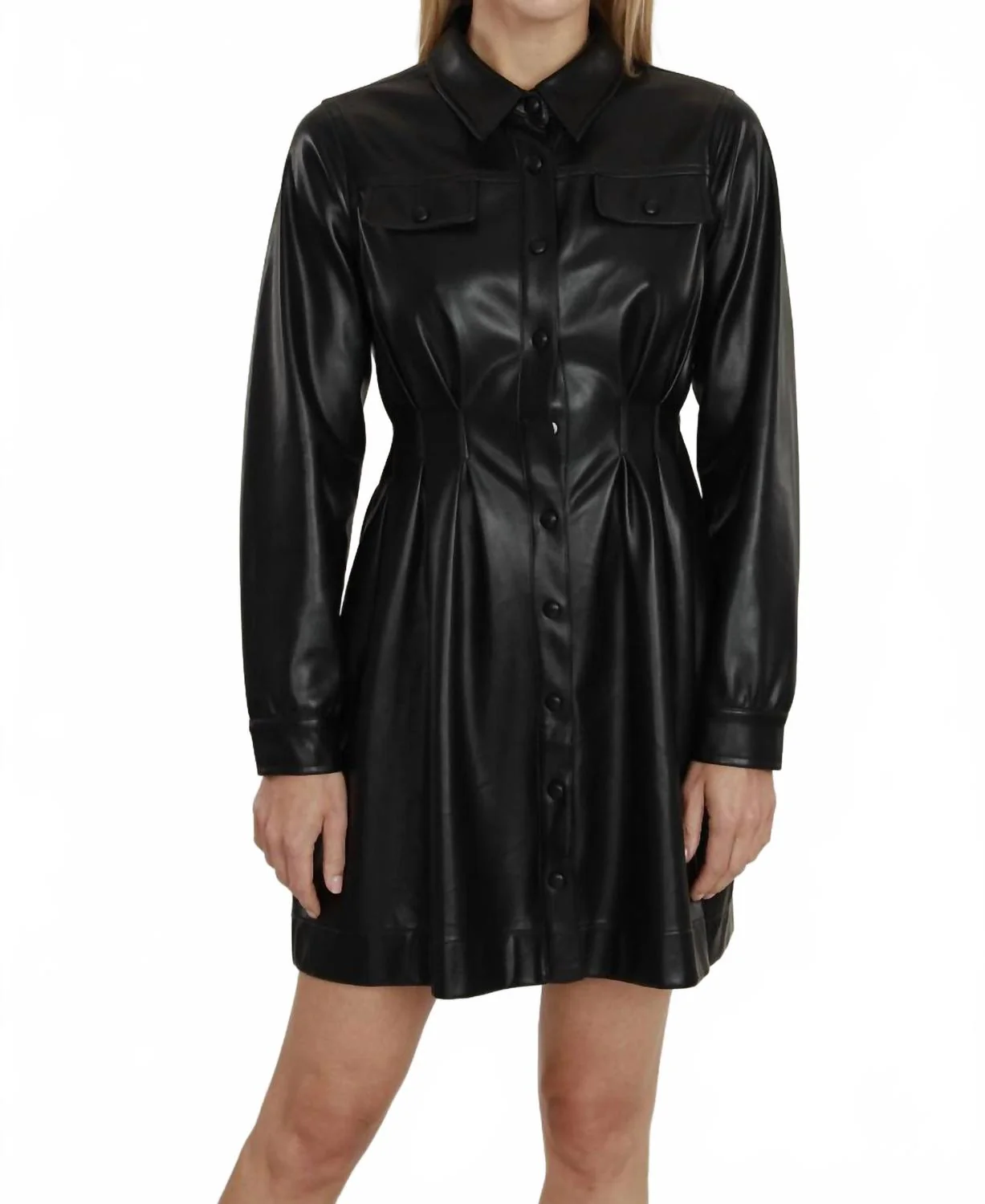 Vegan Leather Puff Shoulder Belted Dress In Black
