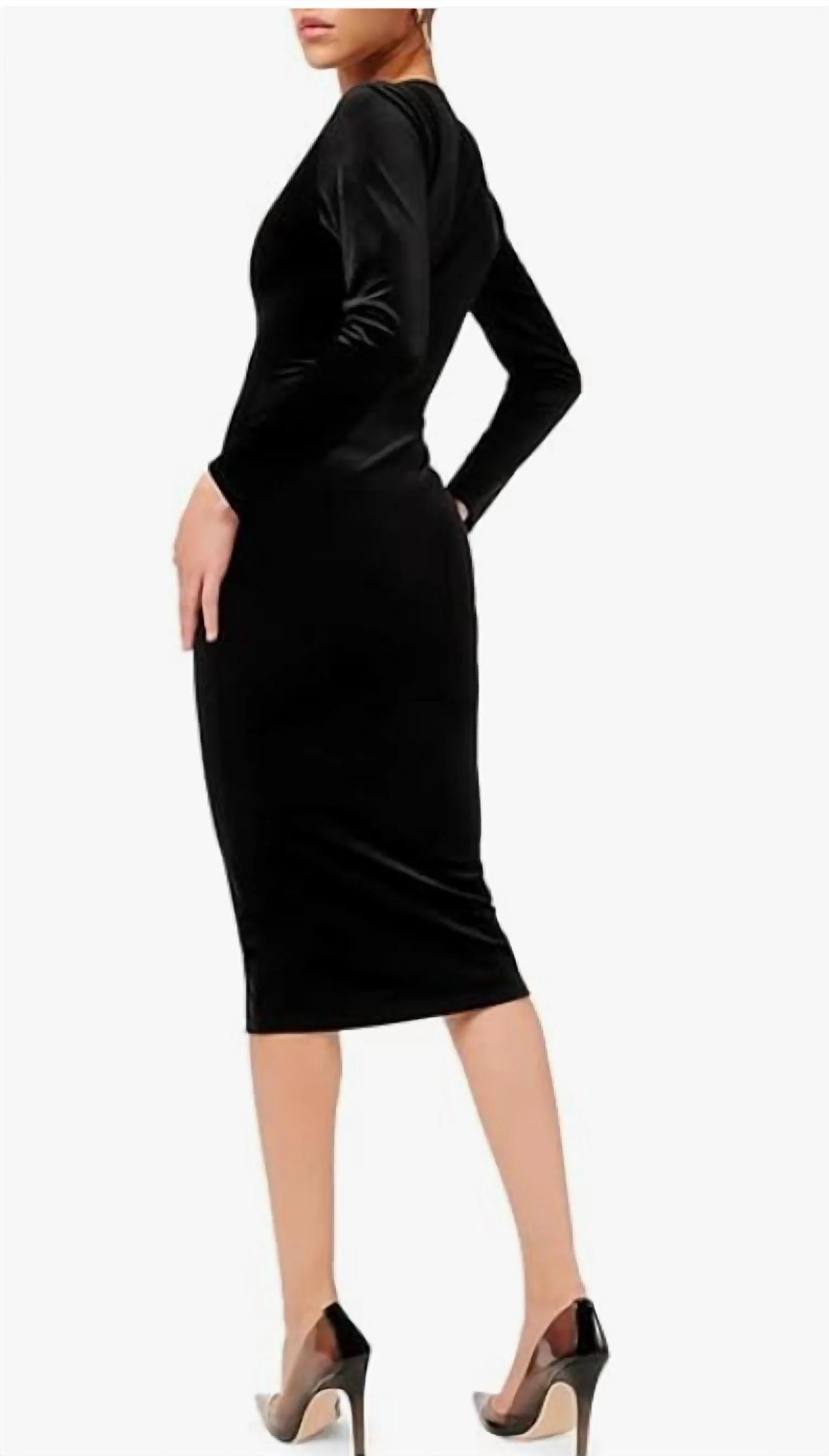 Velvet Deep V Midi Dress In Black - Image 2