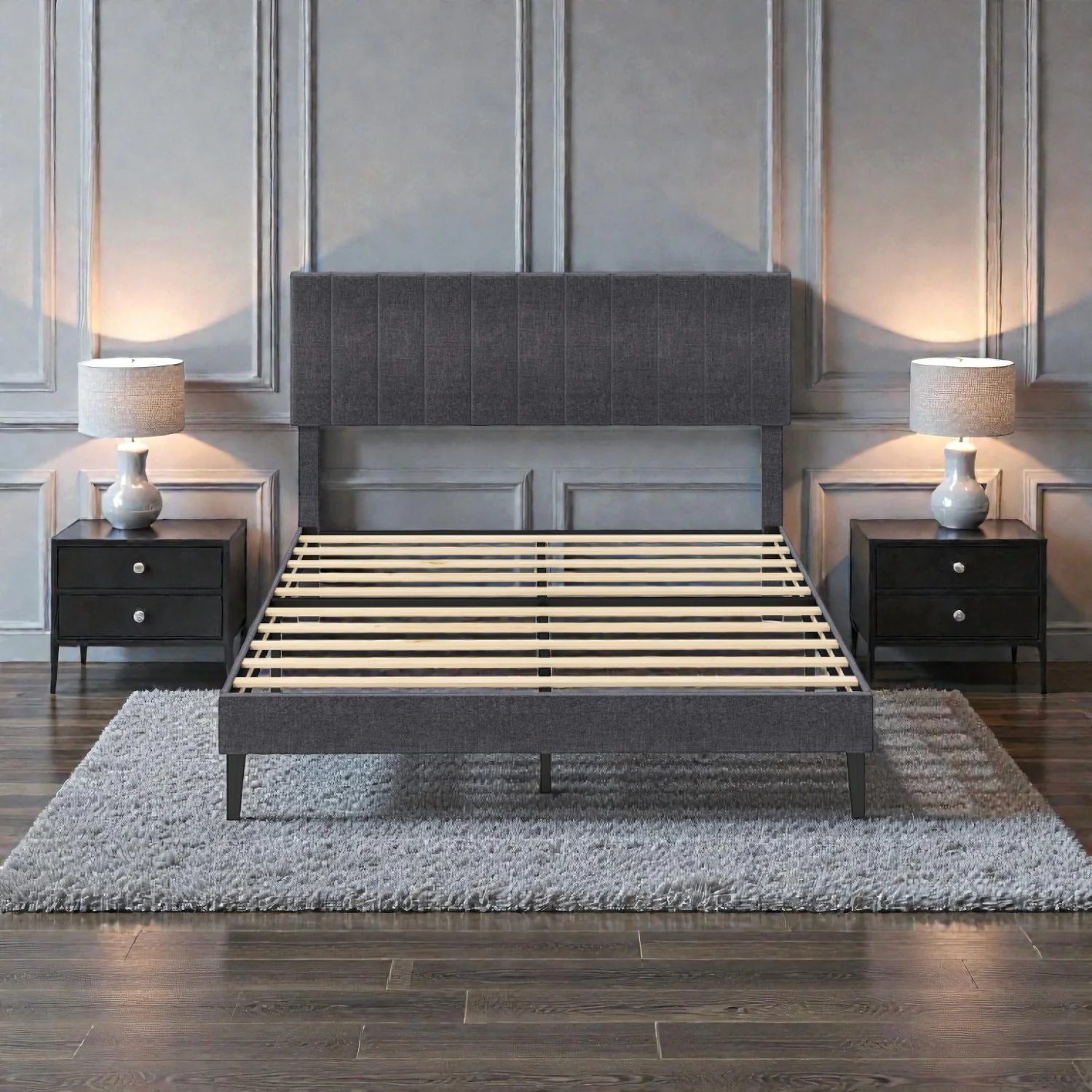 Velvet Platform Bed with Height-Adjustable Channel Headboard