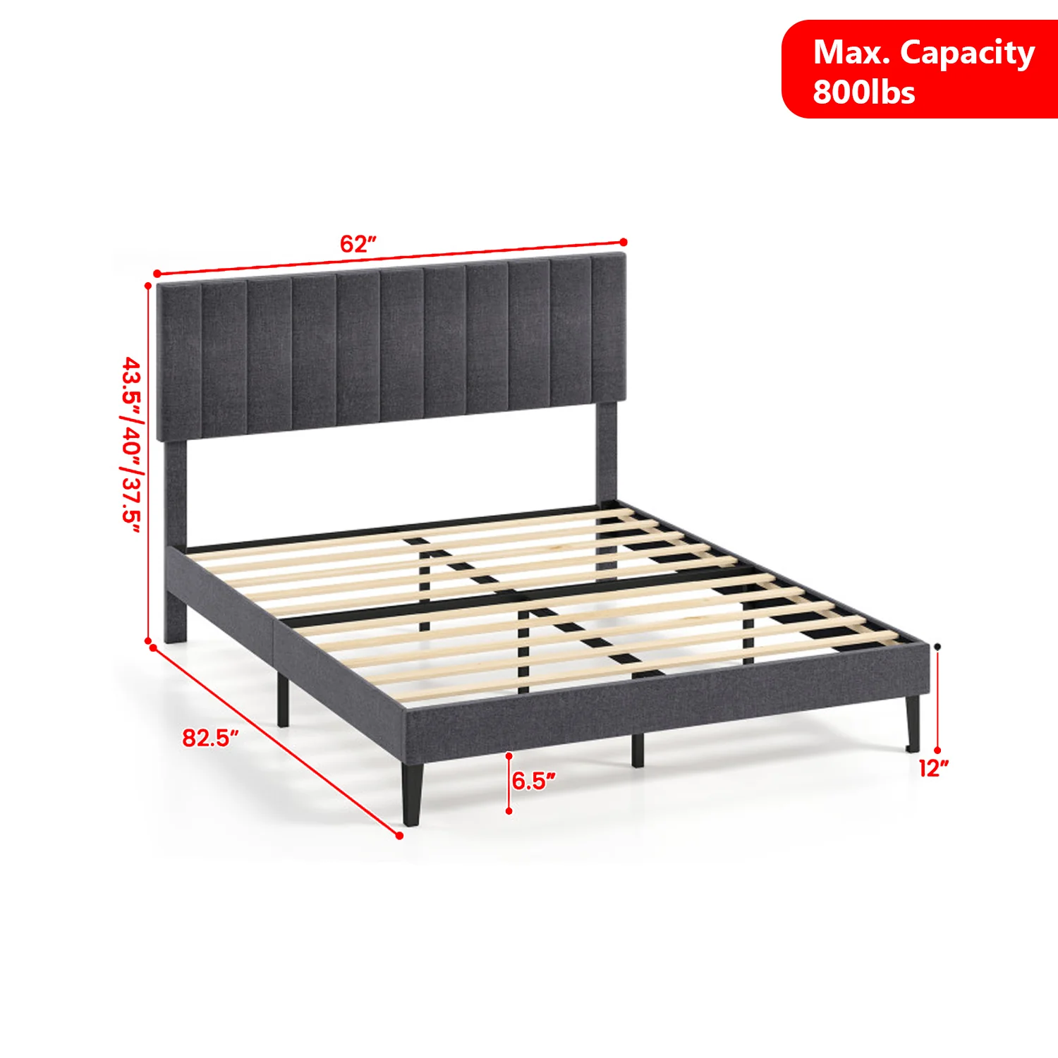 Velvet Platform Bed with Height-Adjustable Channel Headboard - Image 3