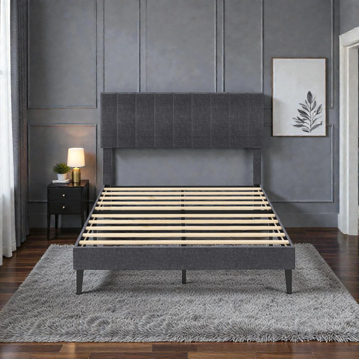 Velvet Platform Bed with Height-Adjustable Channel Headboard - Image 4