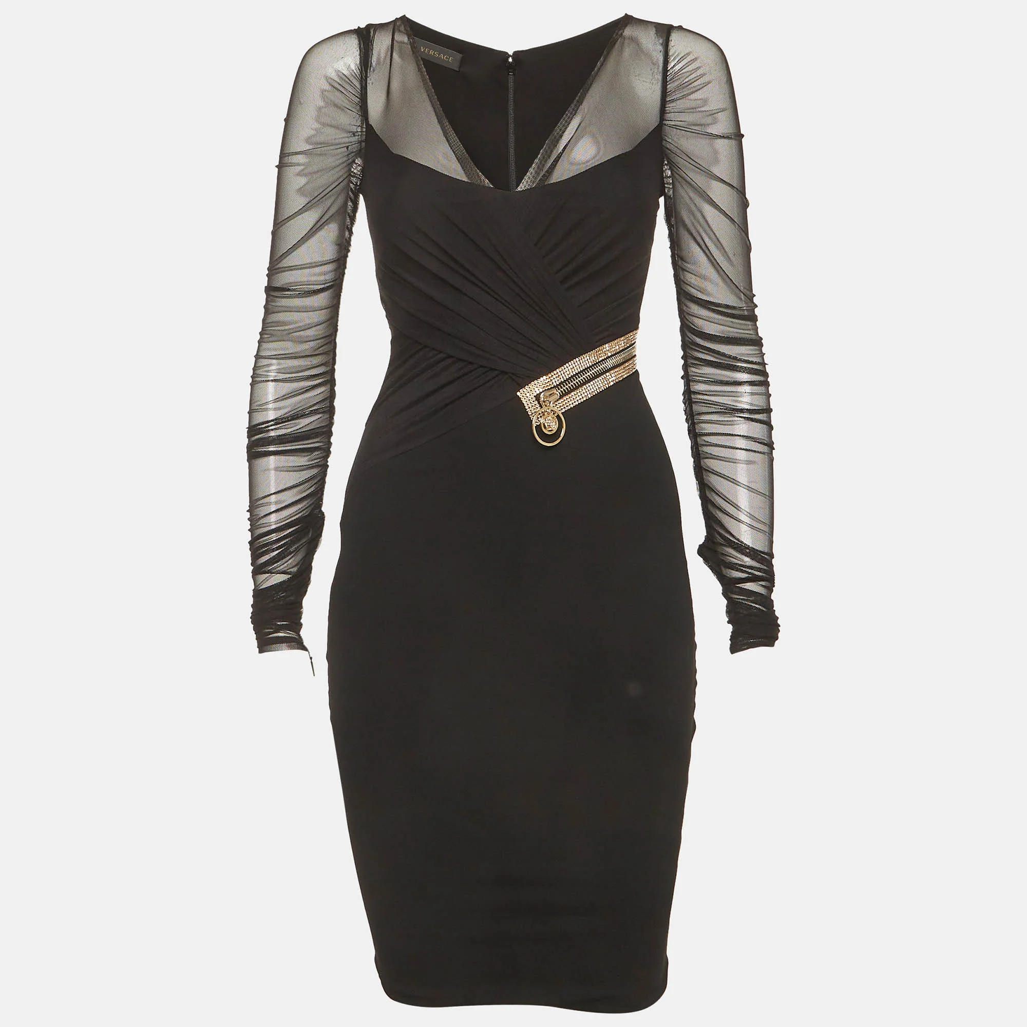Versace Black Jersey And Tulle Draped Midi Dress