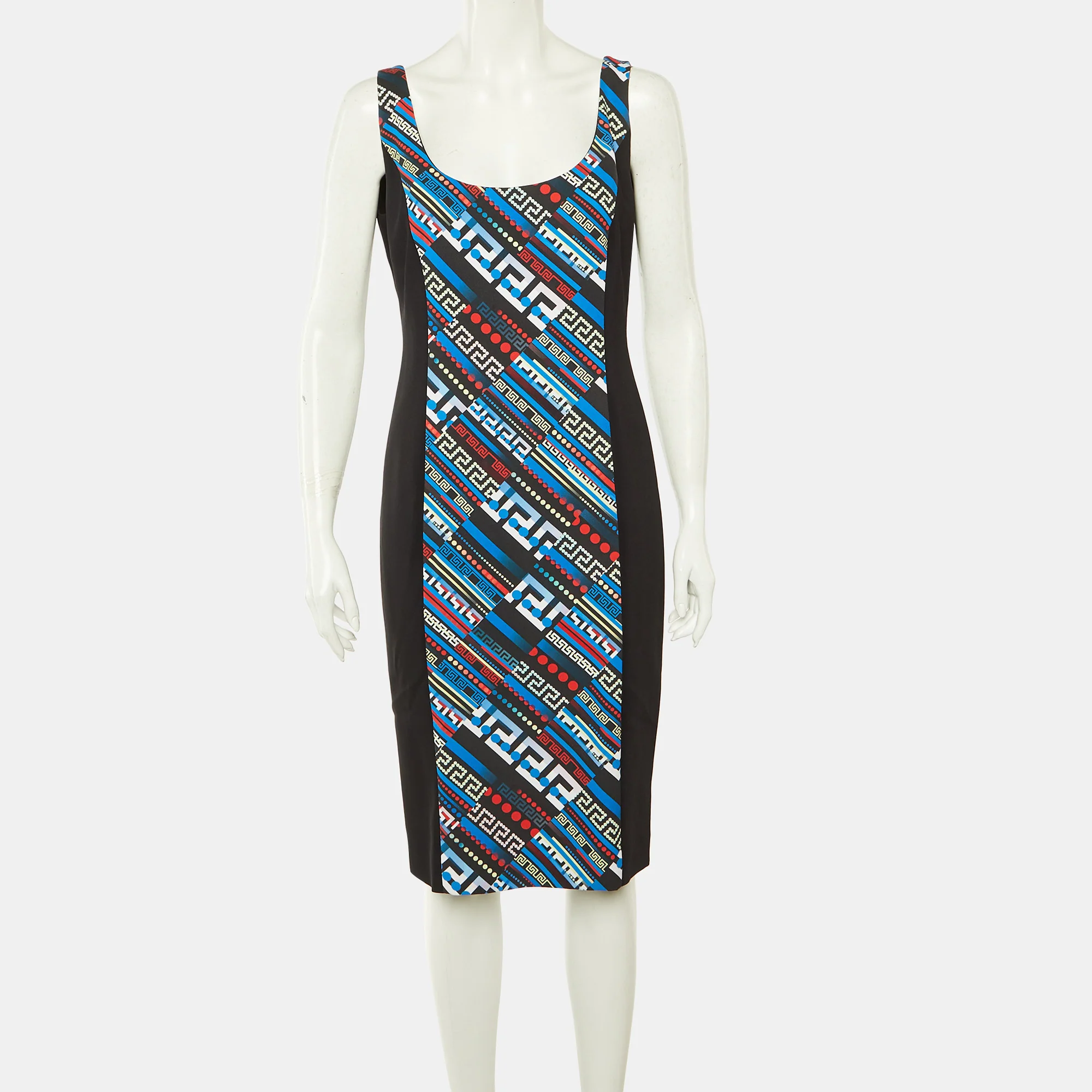 Versace Black & Printed Crepe Sleeveless Sheath Dress - Image 2