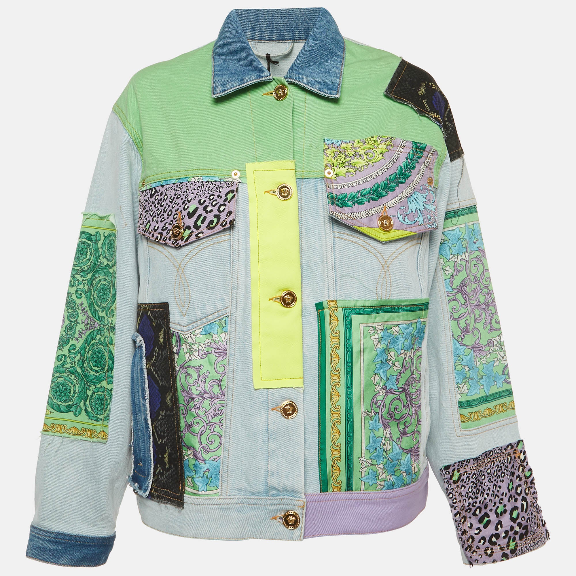 Versace Blue Mixed Print Patchwork Denim Jacket