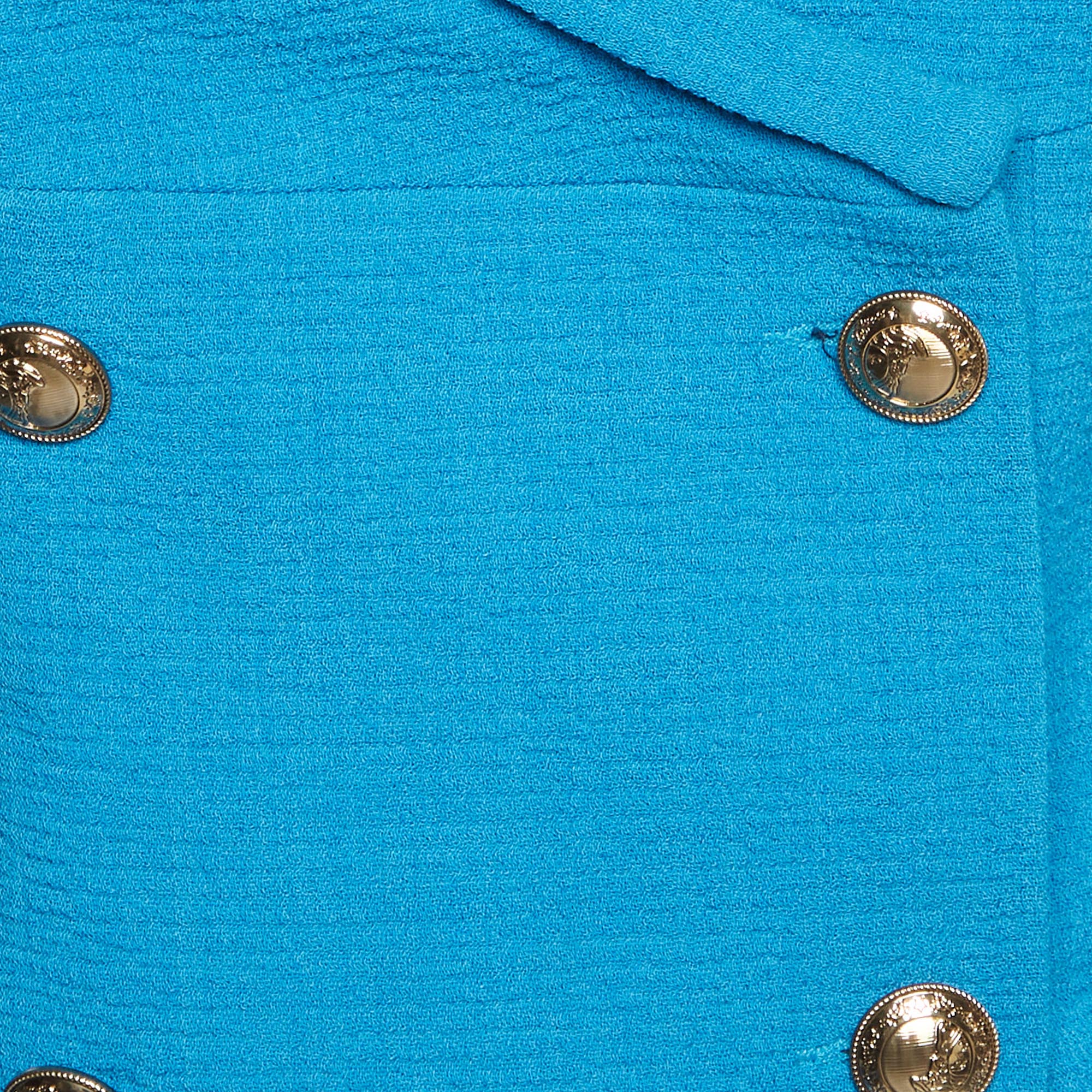 Versace Blue Textured Tweed Cropped Jacket - Image 3