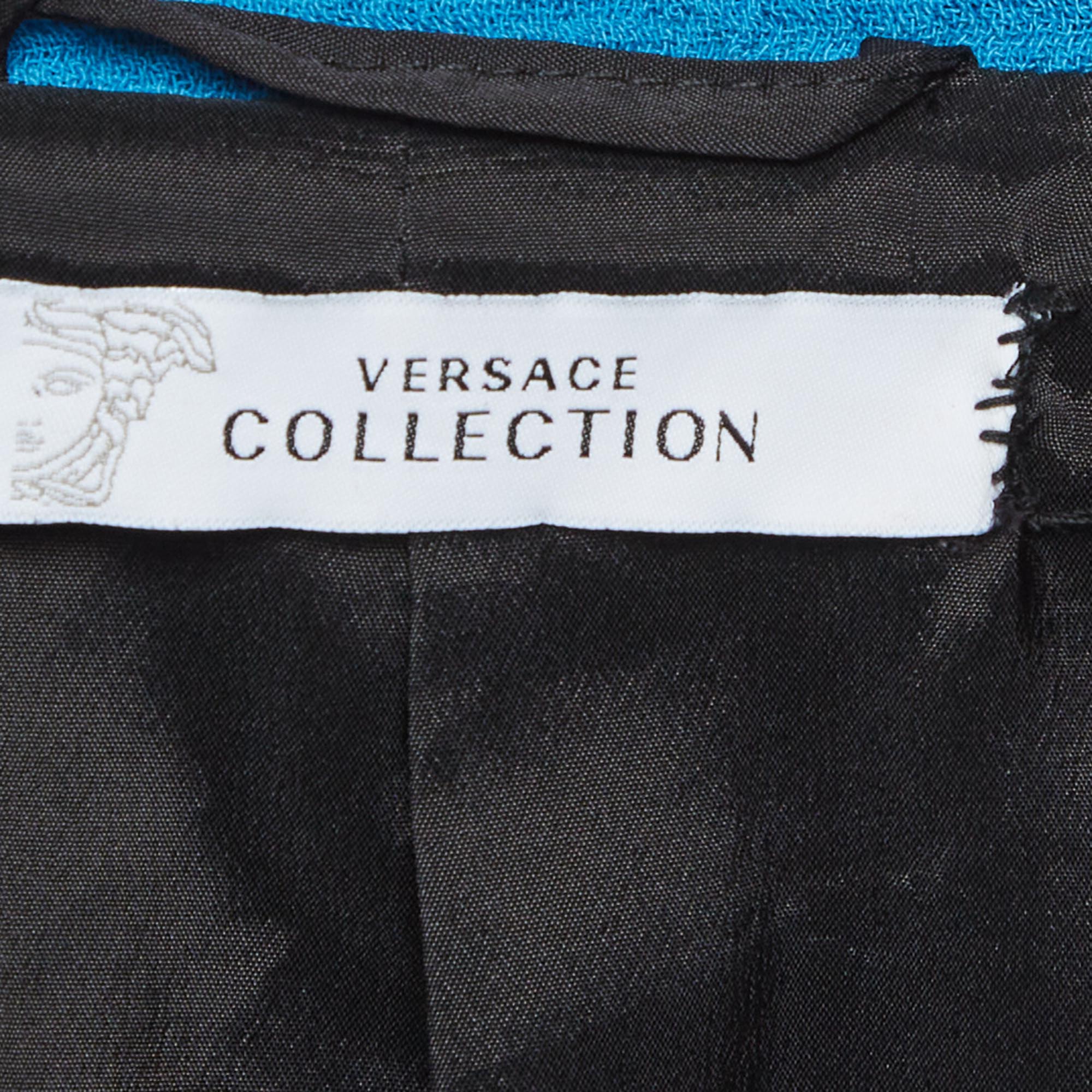 Versace Blue Textured Tweed Cropped Jacket - Image 4