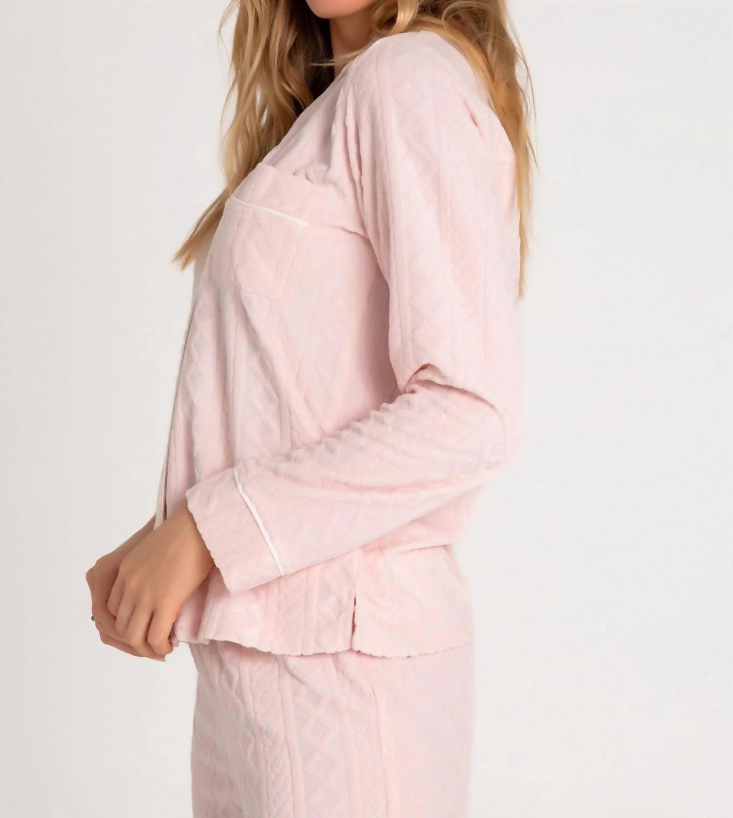 Very Terry Cable Button Up Top In Pink Tint - Image 2