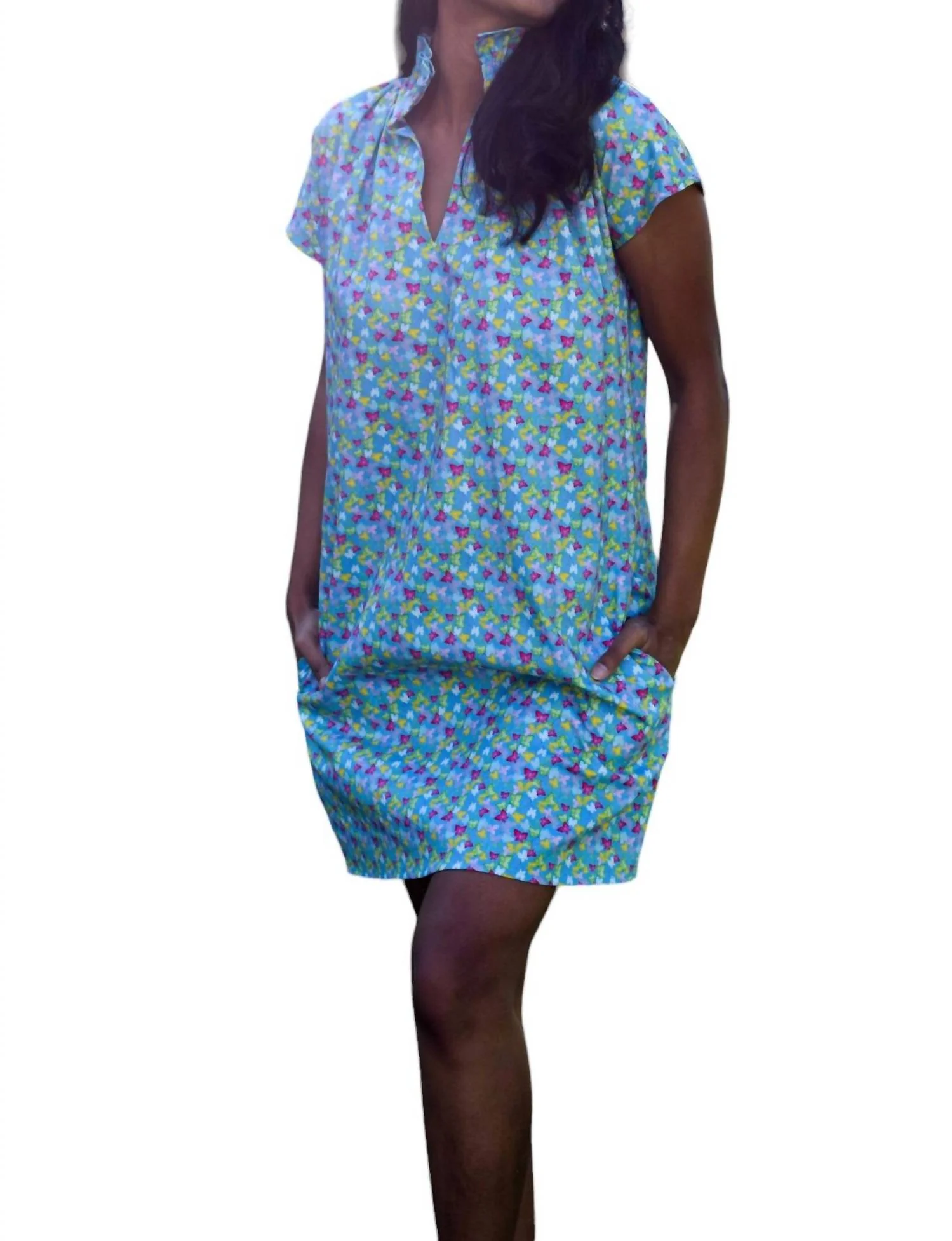 Vicki Short Sleeve Butterfly Dress In Blue Multi