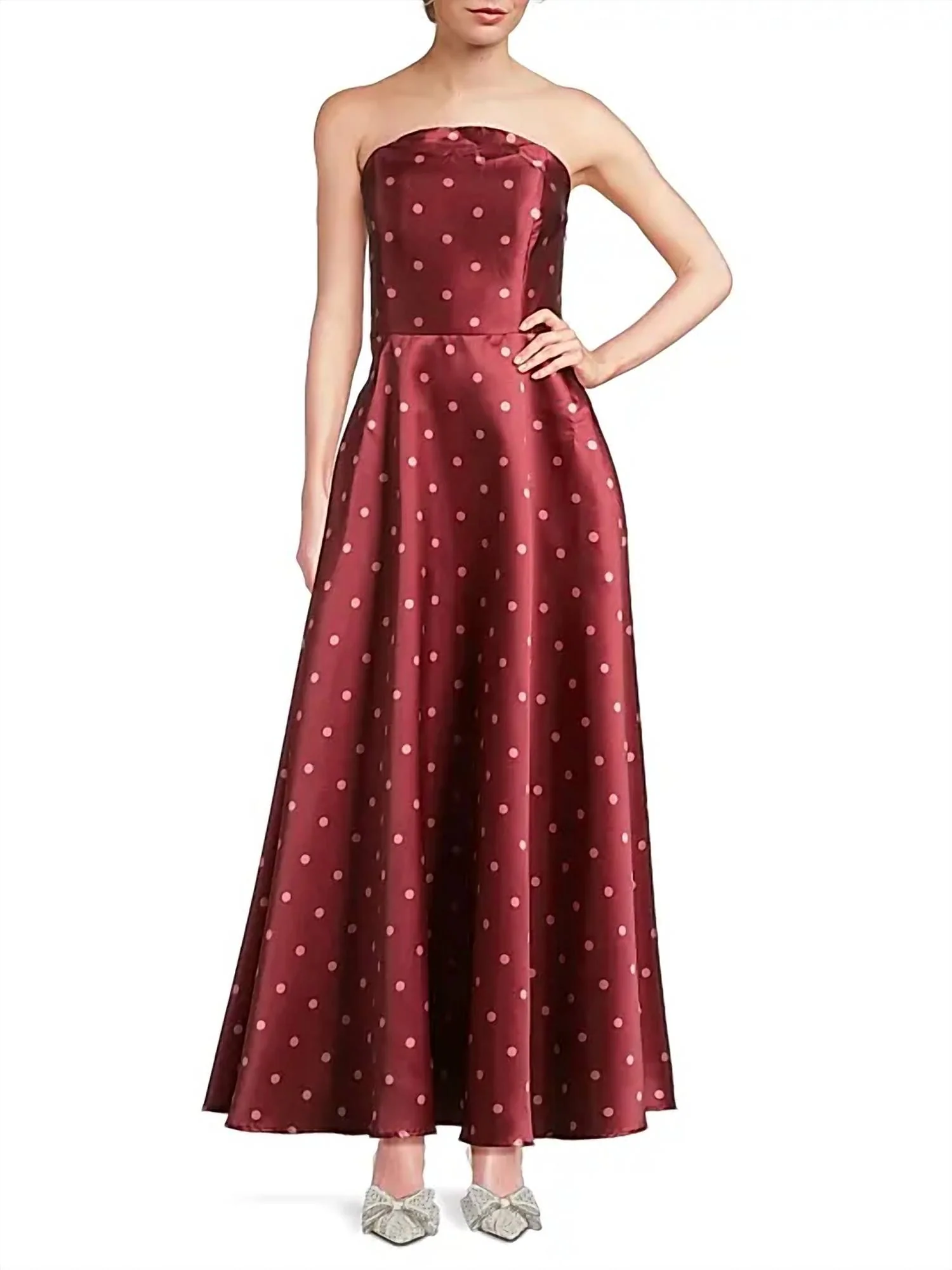 Victoria Strapless Gown In Pomegranate Polka Dot - Image 2