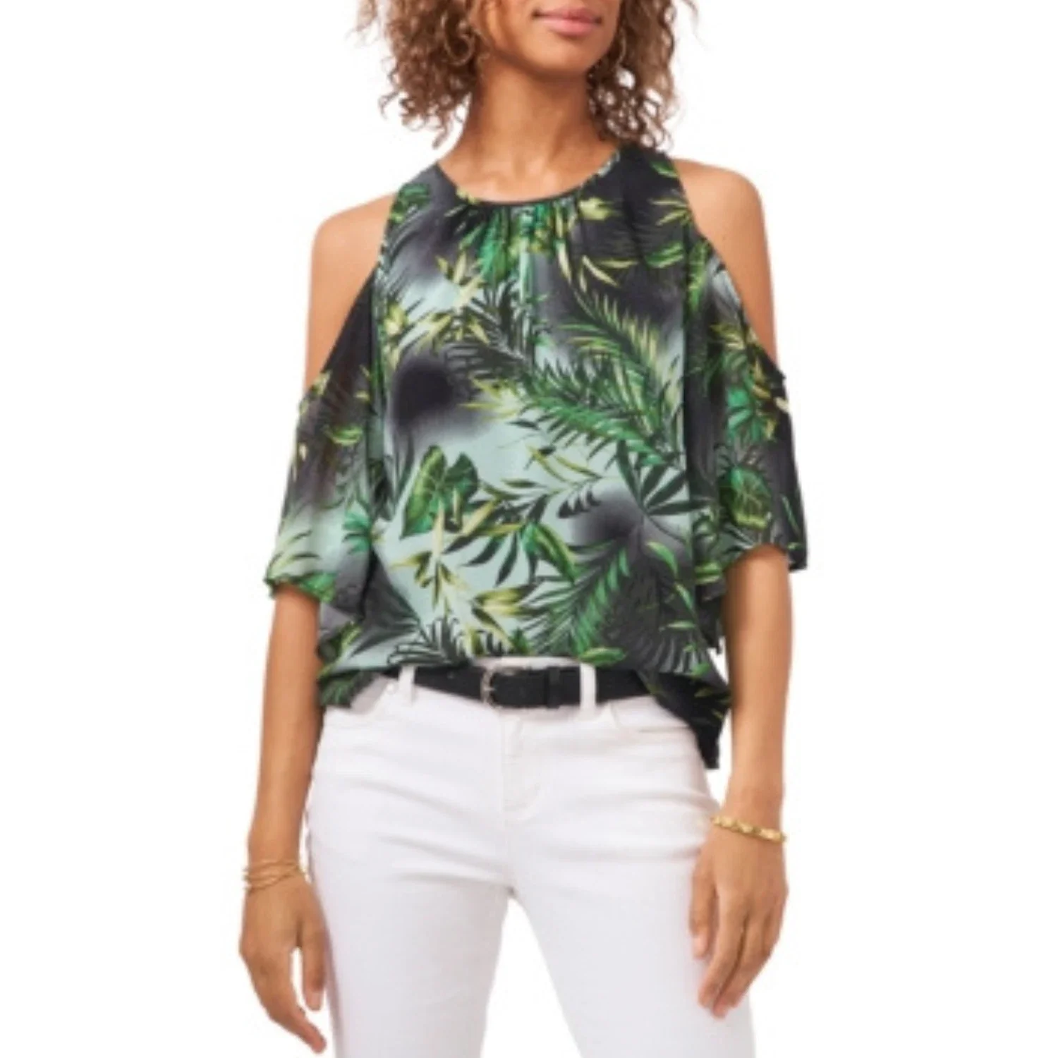 Vince Camuto Top Women's Multi Tropical Round Neck Cold-Shoulder DDR2576 - Image 3