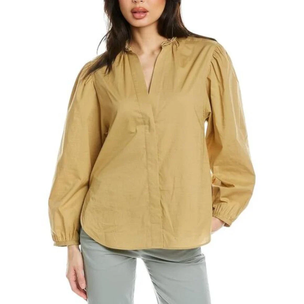 Vince Top Women's Beige Cotton Braid Trim Ruched Button Front Blouse JZZ296 - Image 5