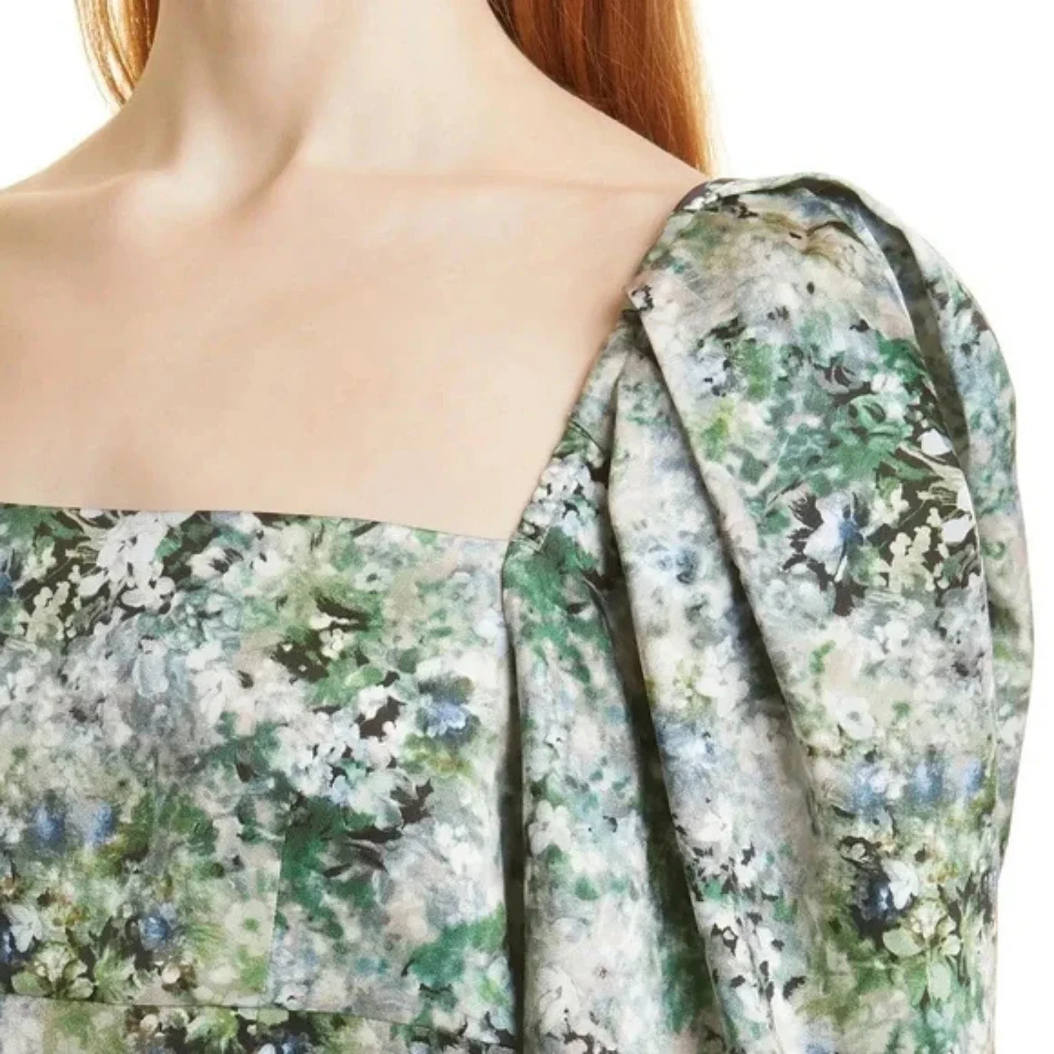 Vince Top Women's Green Painted Floral Puff Sleeve Square Neck Blouse JZZ192 - Image 3