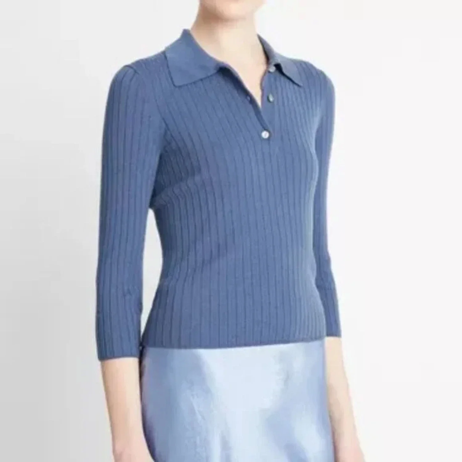 Vince V03 79551 Sweater Women's Riverbed Ribbed 3/4 Sleeve GBO 53