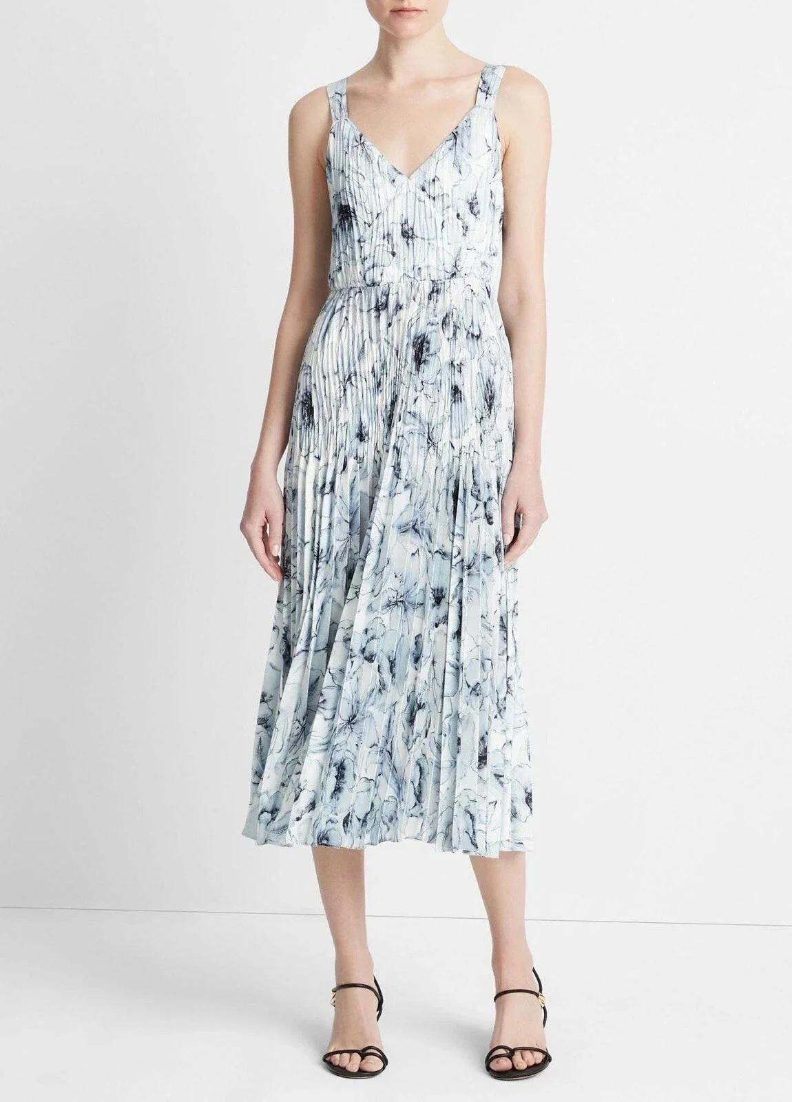 Vince Washed Lilly Slip Dress Women's White Floral Pleated V-Neck FROG351