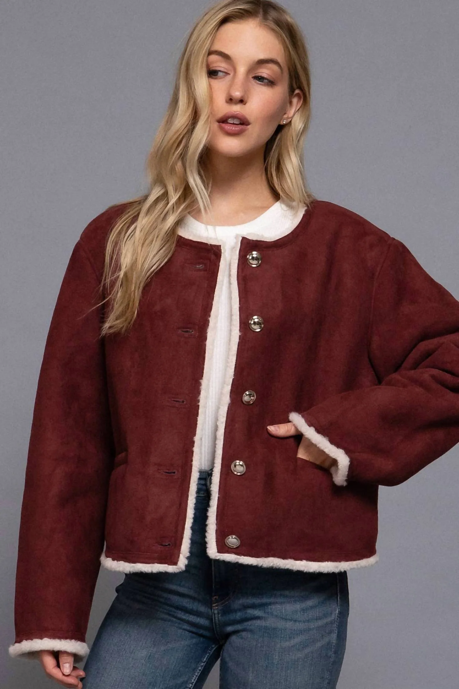 Vista Button Down Jacket In Burgundy - Image 2