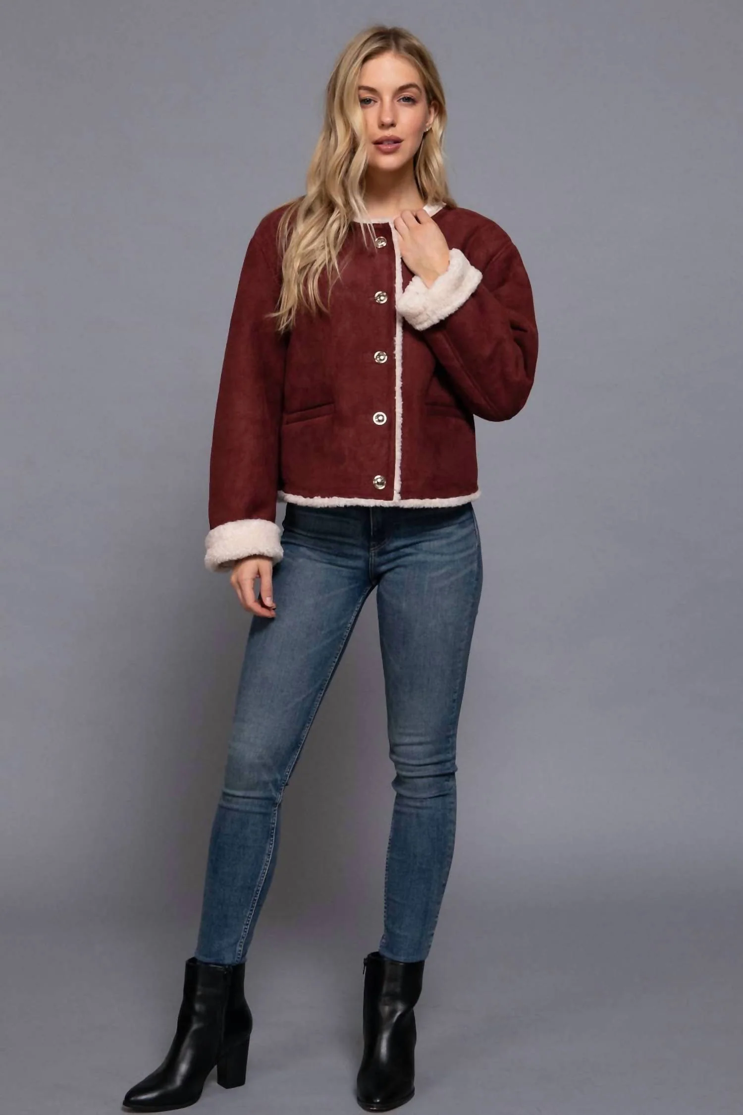 Vista Button Down Jacket In Burgundy - Image 3