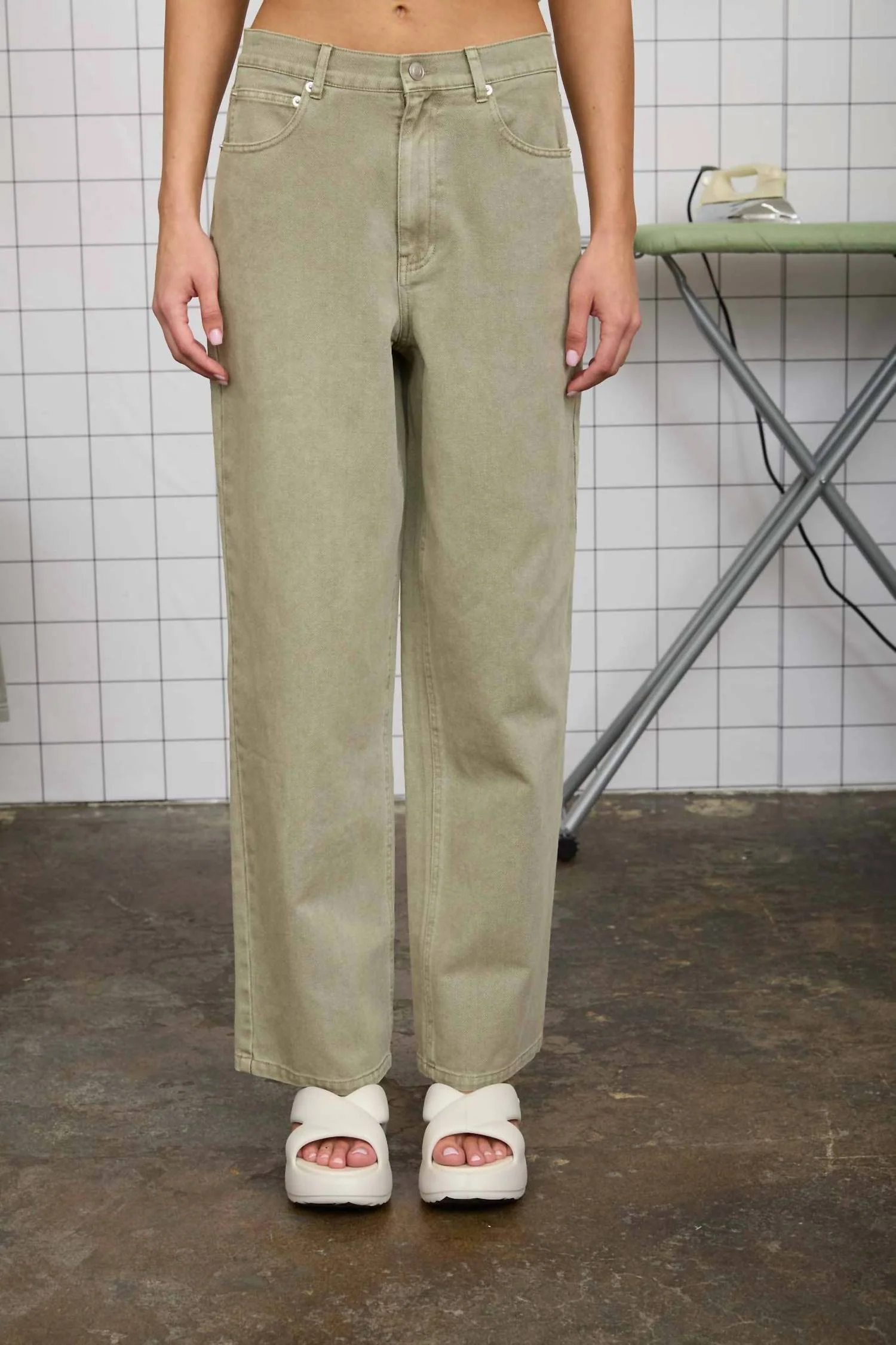 Washed Wide Leg Jeans In Light Olive - Image 3
