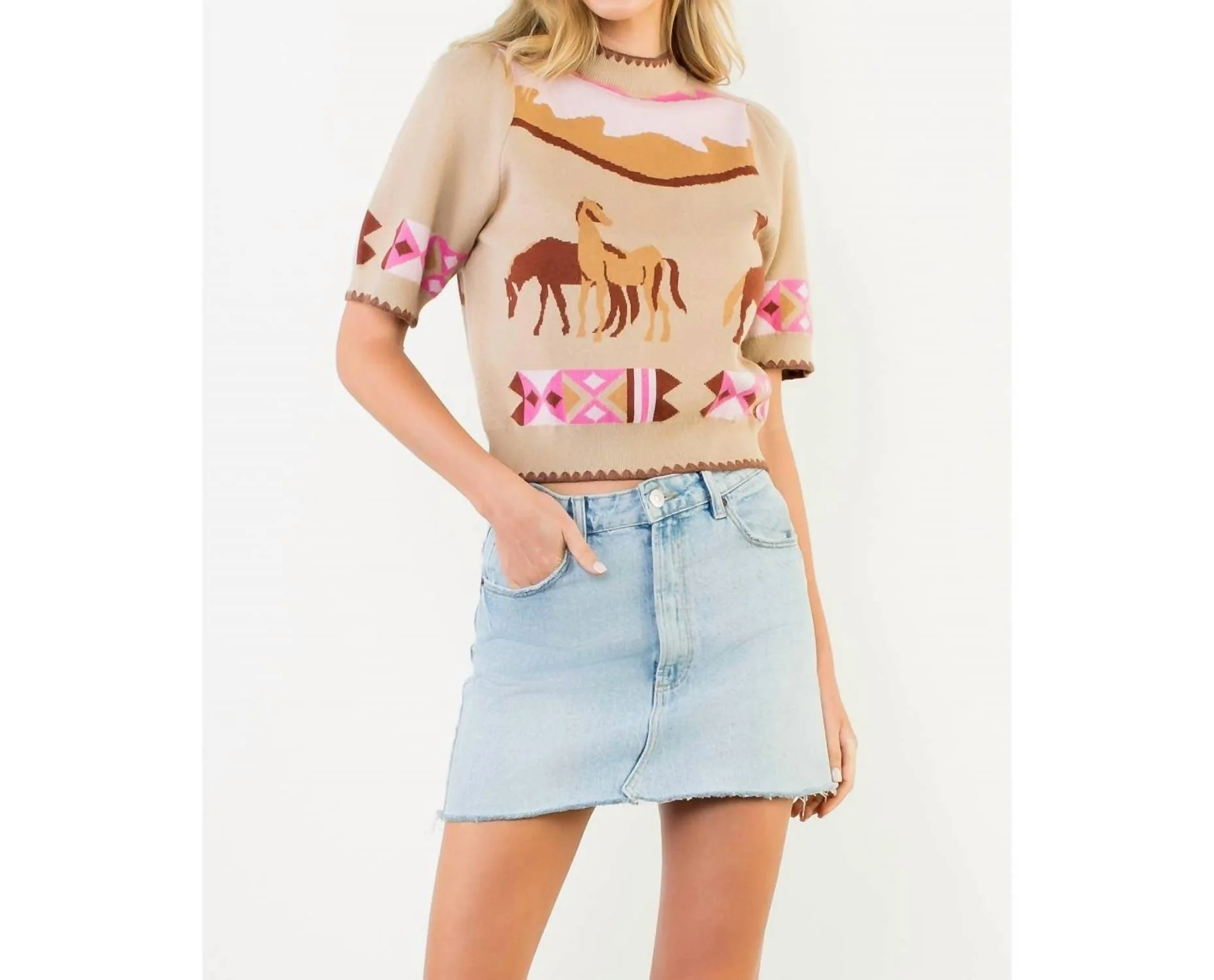 Western - Inspired Short Sleeve Sweater In Beige