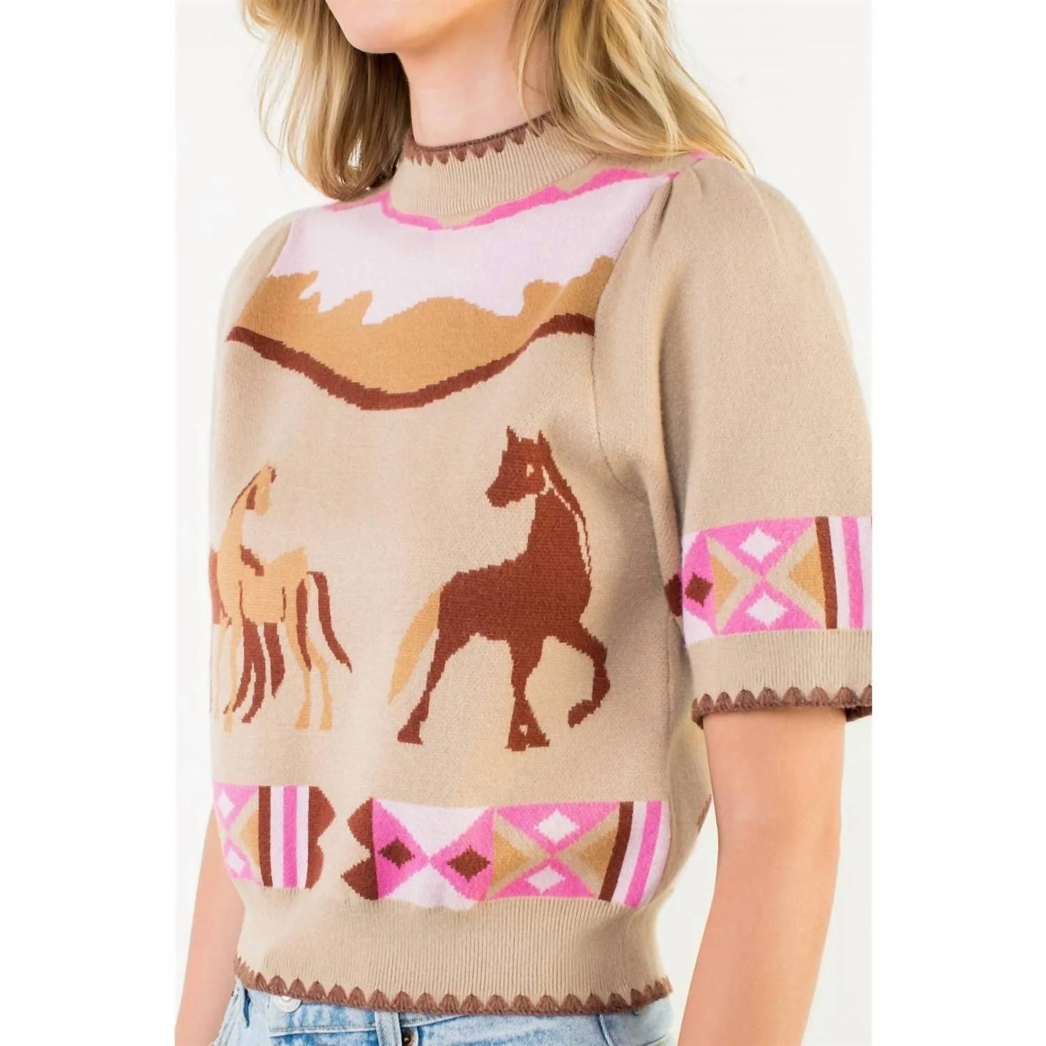 Western - Inspired Short Sleeve Sweater In Beige - Image 4