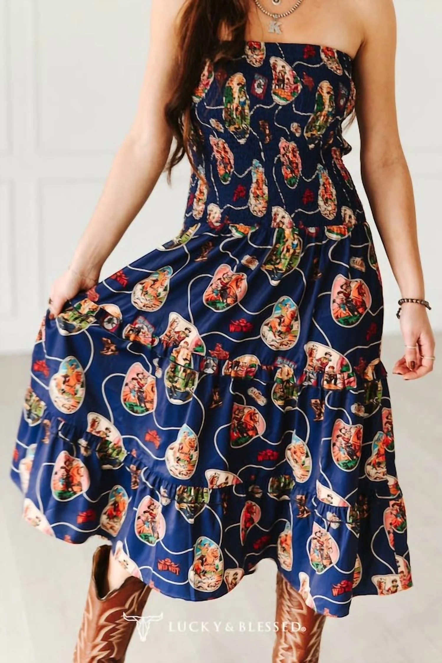 Western Print Smocked Maxi Dress In Navy