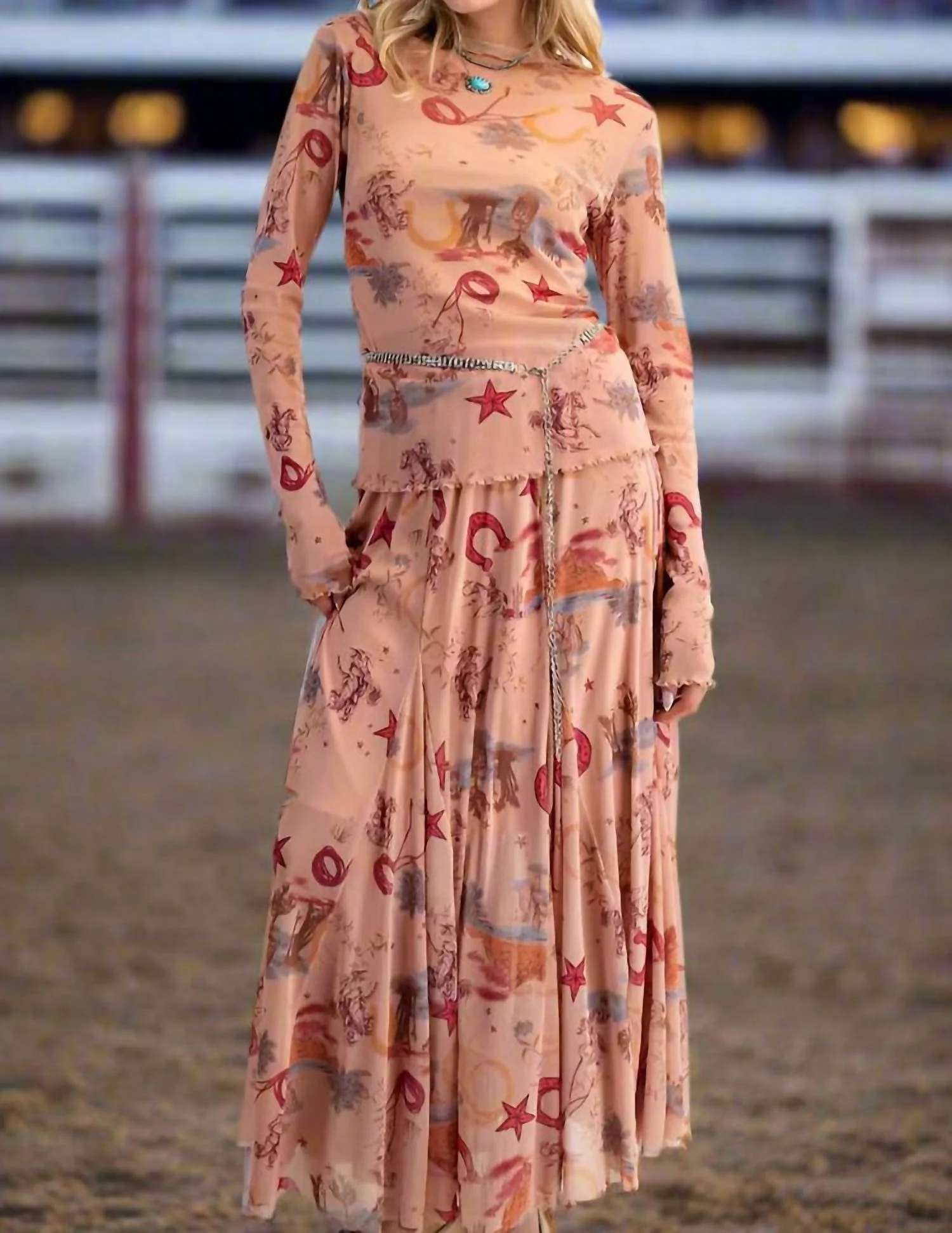 Western Printed Mesh Swing Maxi Skirt In Camel - Image 4