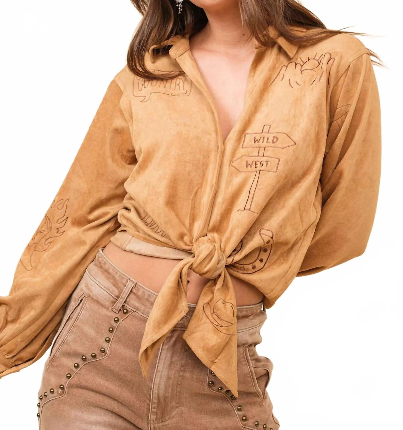 Western Suede Tie Blouse In Camel - Image 2