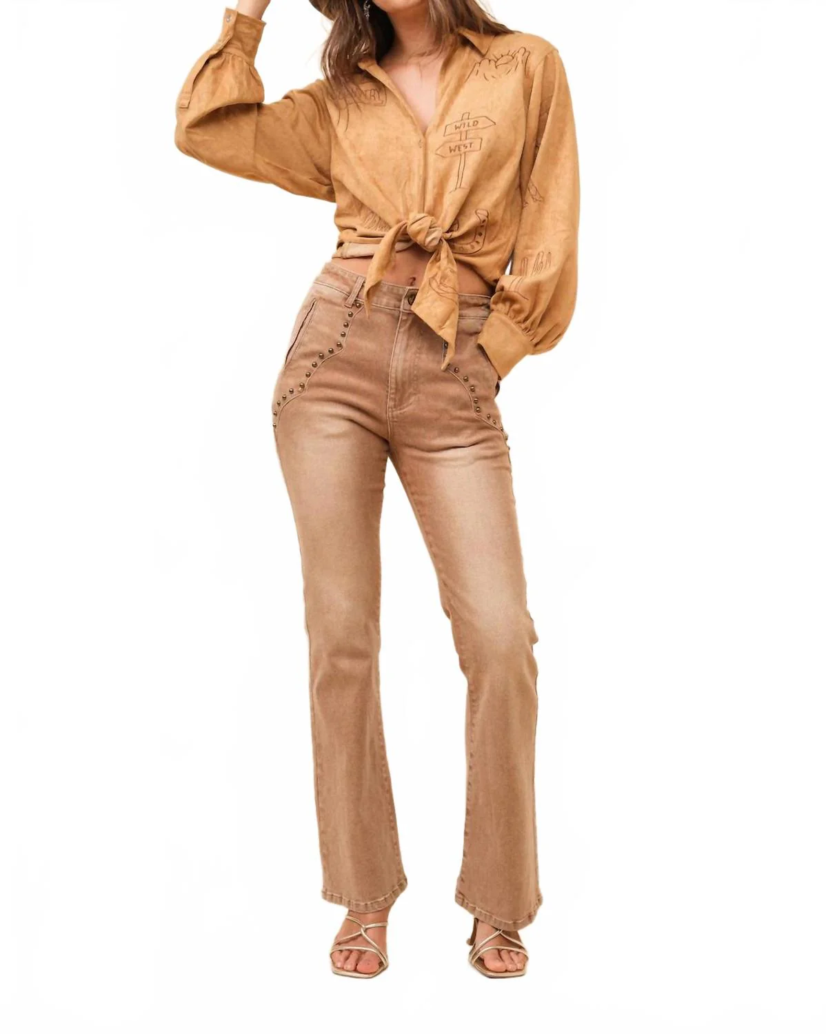 Western Suede Tie Blouse In Camel - Image 3