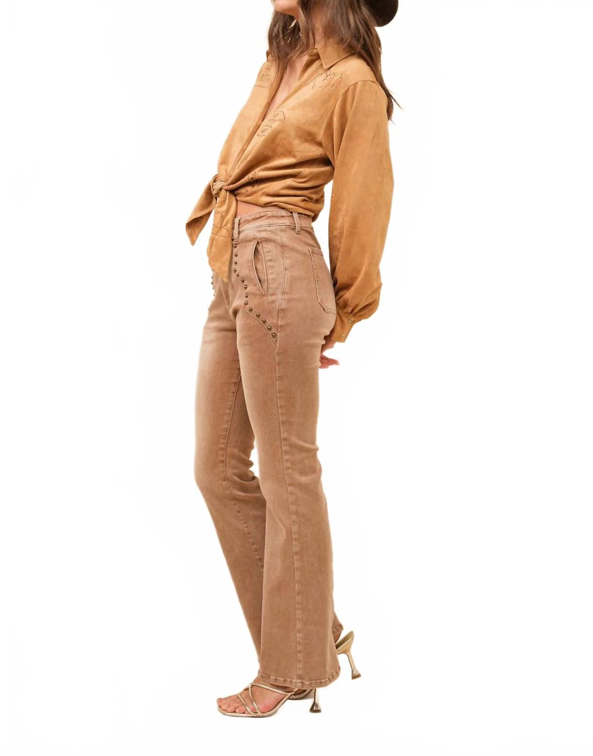 Western Suede Tie Blouse In Camel - Image 4