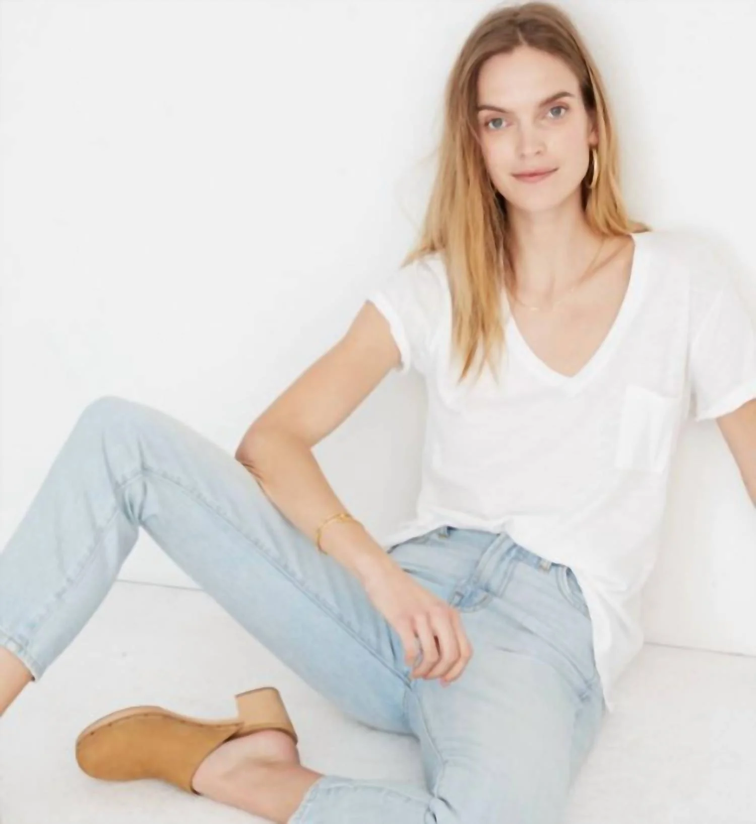 Whisper V Neck Pocket Tee In White - Image 3