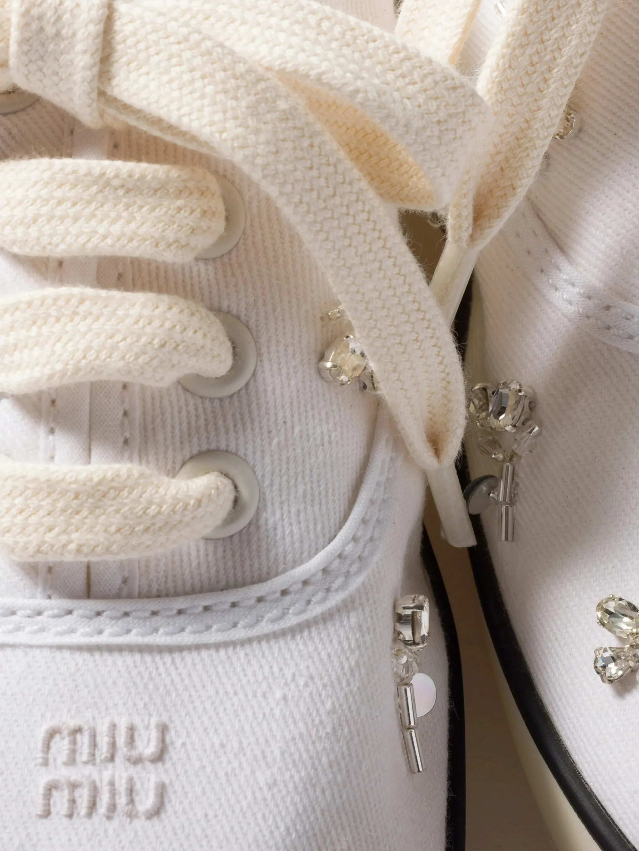 White Low-Profile Crystal-Embellished Canvas Sneakers - Image 4
