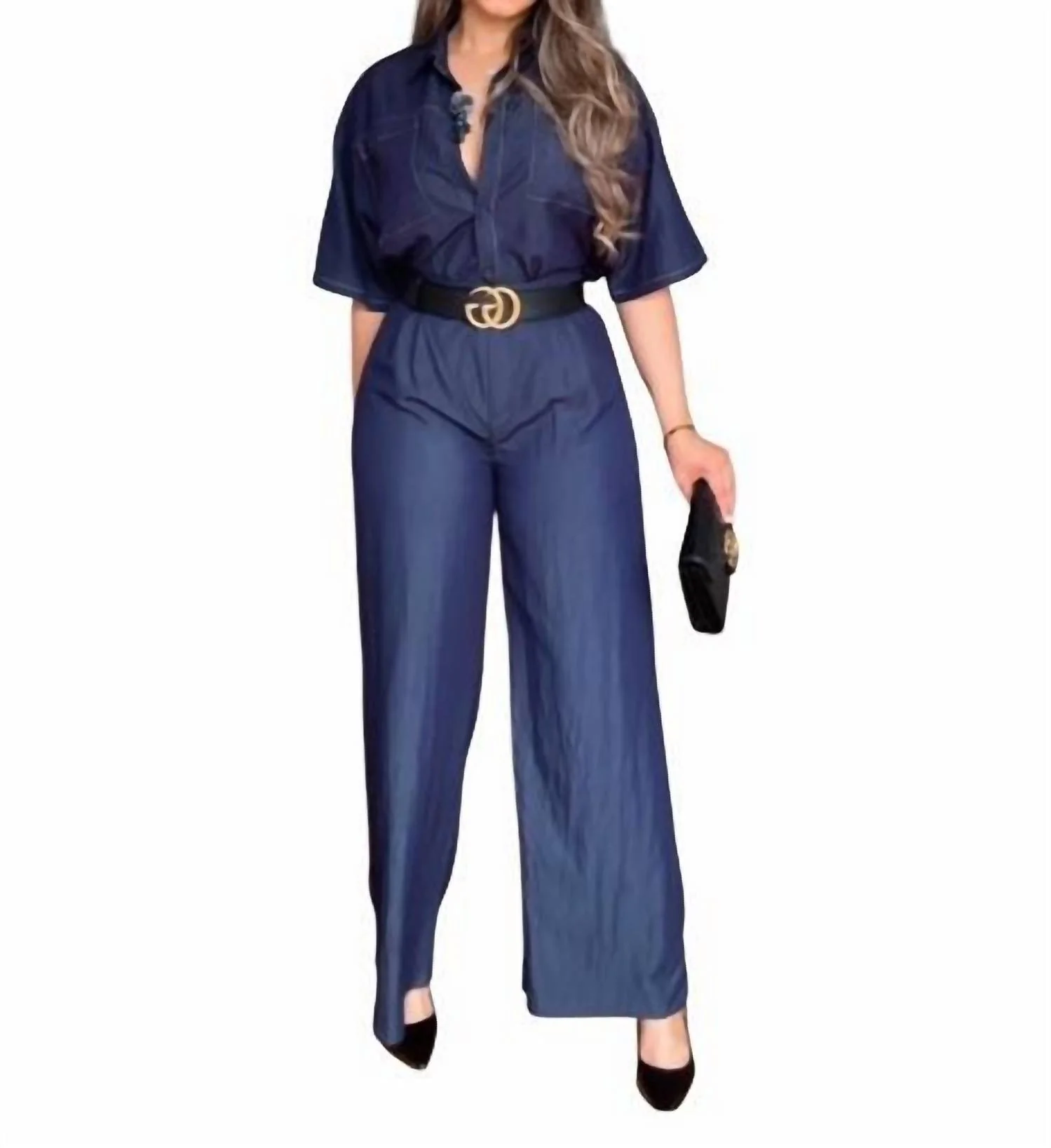 Wide-Leg Jumpsuit Set With Belted Waist In Blue