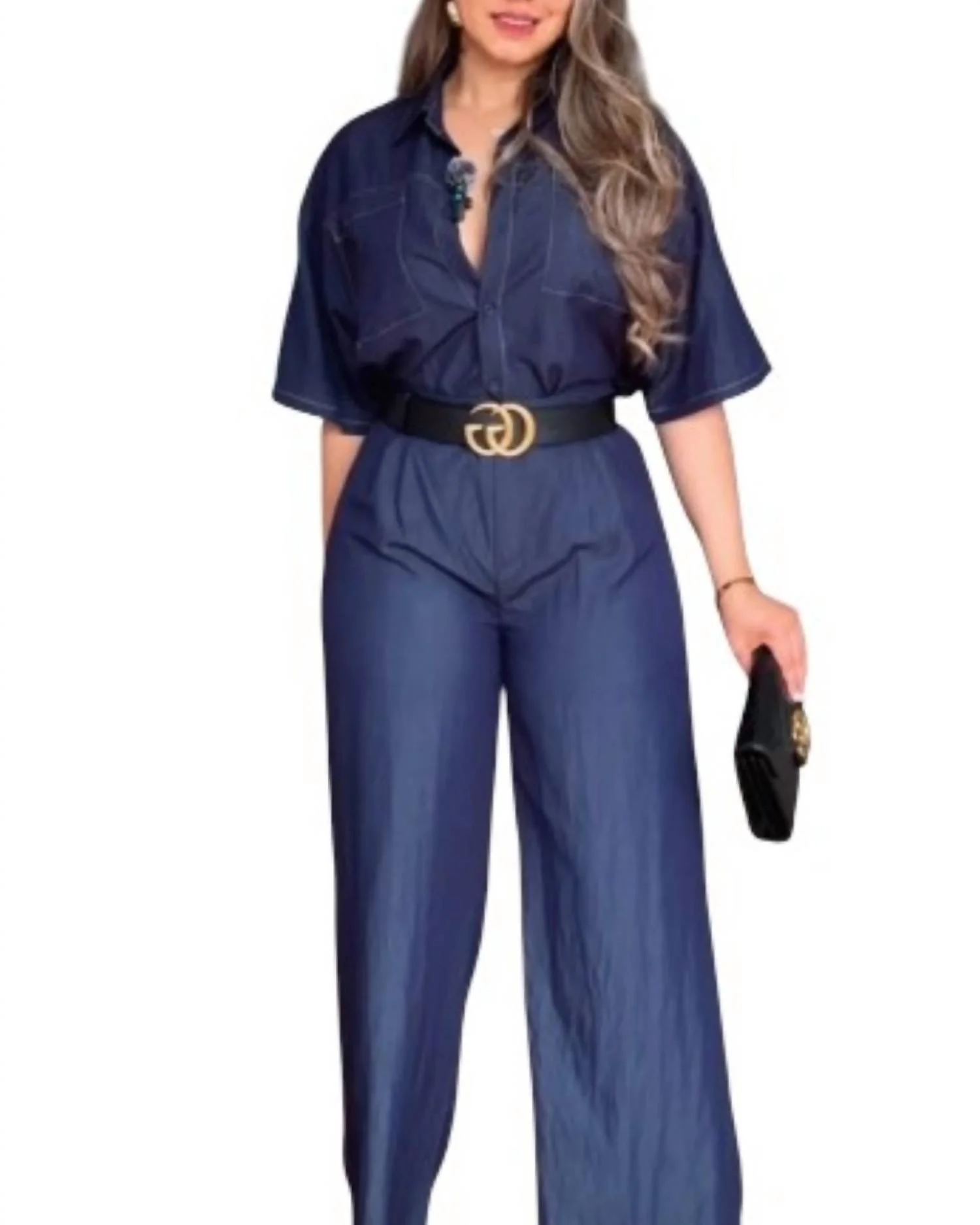 Wide-Leg Jumpsuit Set With Belted Waist In Blue - Image 2