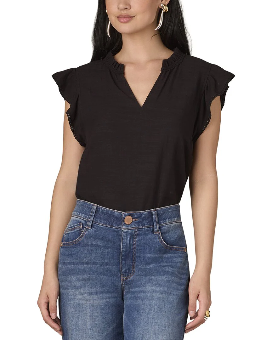 WIT & WISDOM Cap Flutter Sleeve Ruffle Split Neck Top