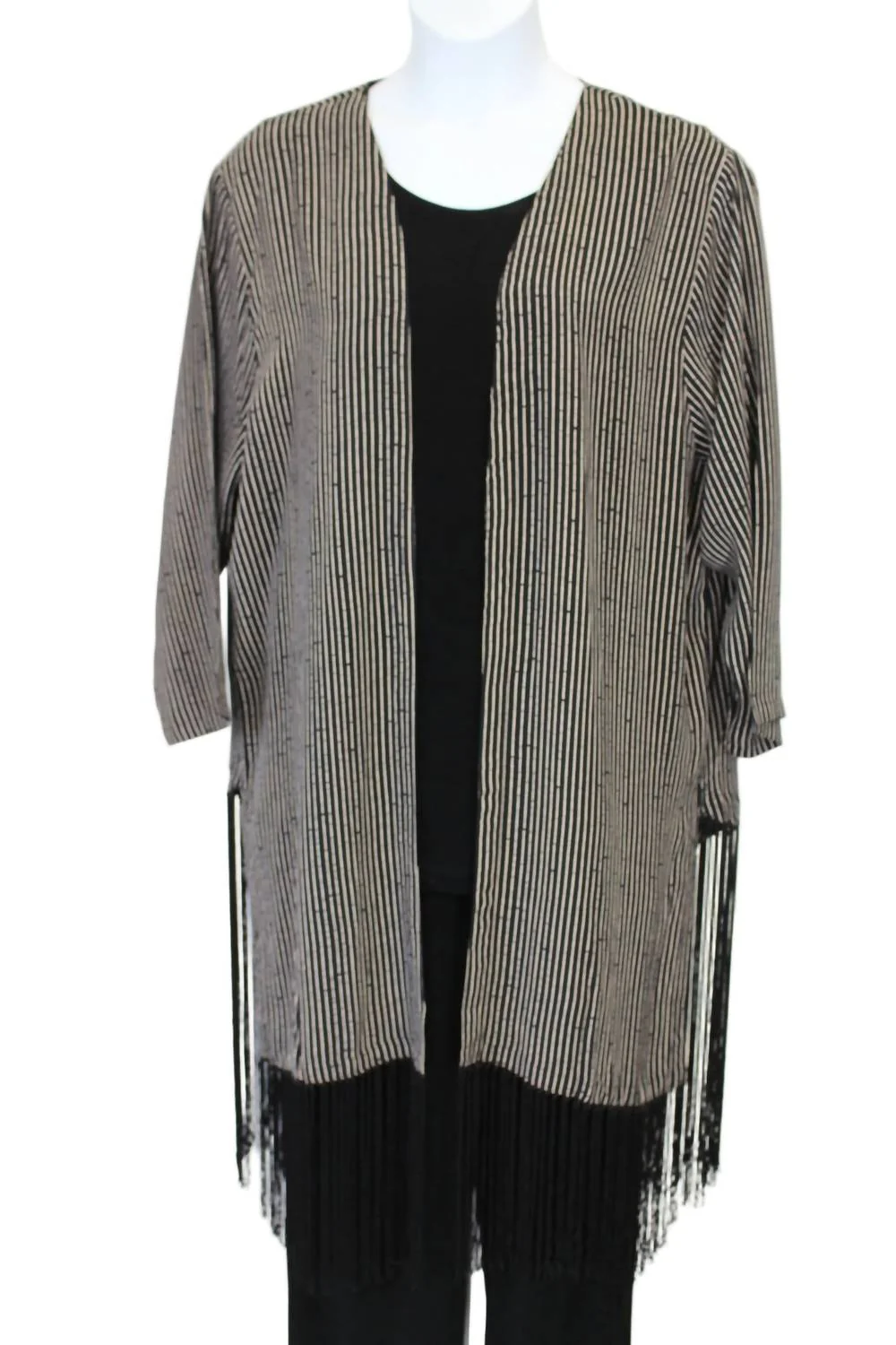 Women's Bamboo Striped Duster With Fringe In Black - Image 3