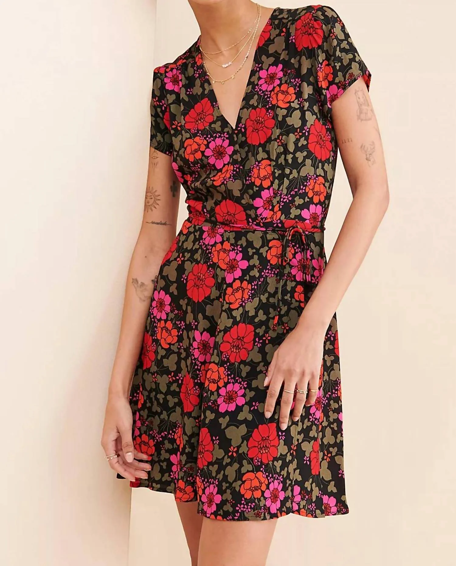Women's Cleo Wrap Mini Dress In Black, Red - Image 2