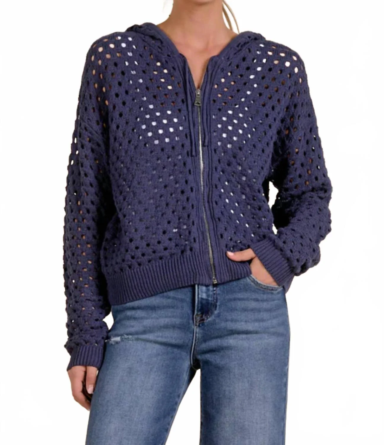 Women's Collette Crochet Zip Hoodie Sweater In Blue