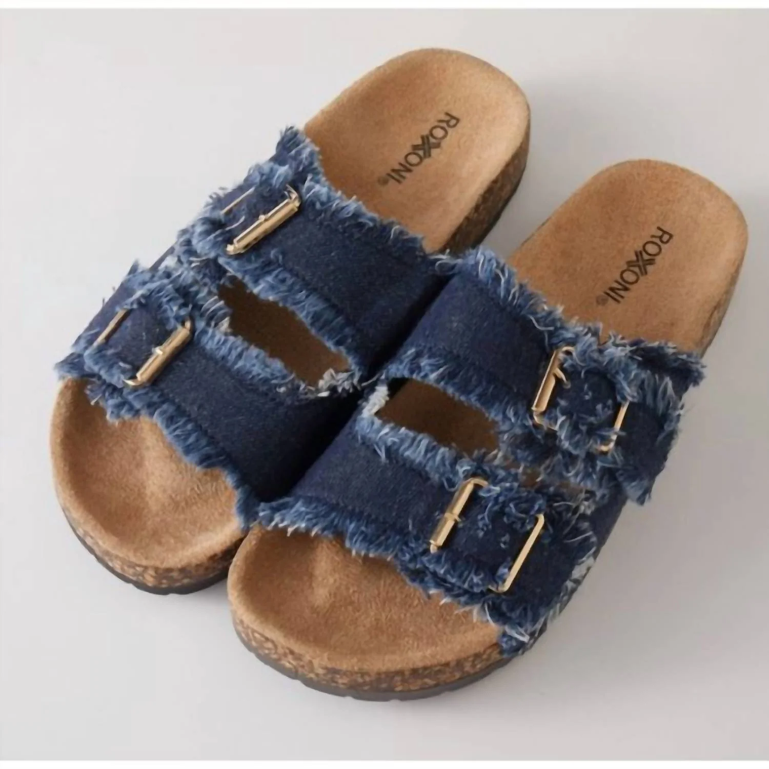 Women's Double Buckle Frayed Cork Sandals In Dark Blue