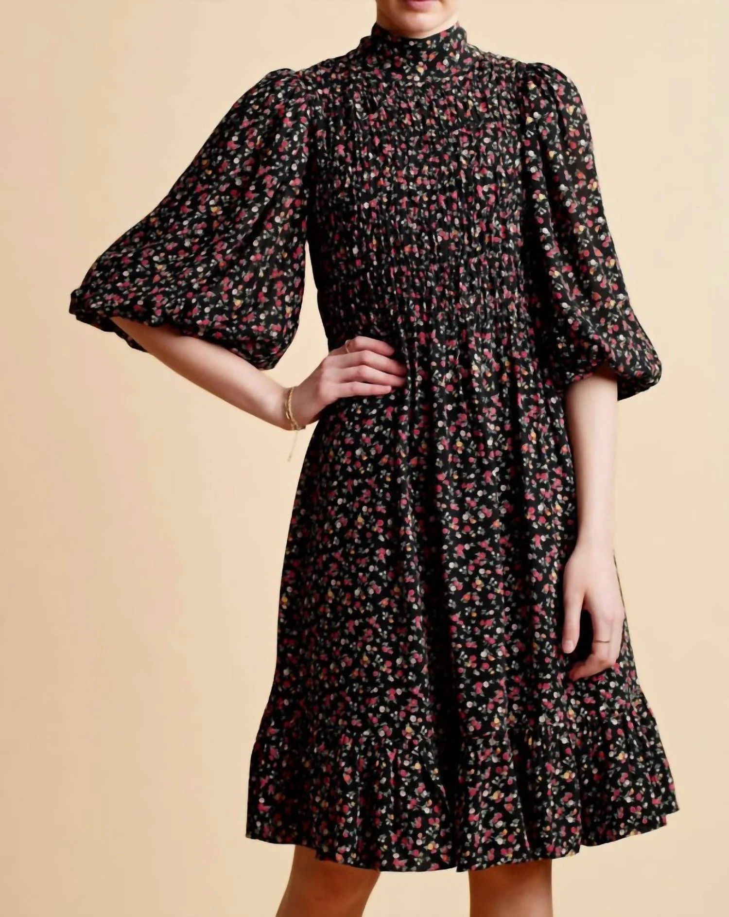 Women's Drapy Georgette Mini Dress In Black Multi